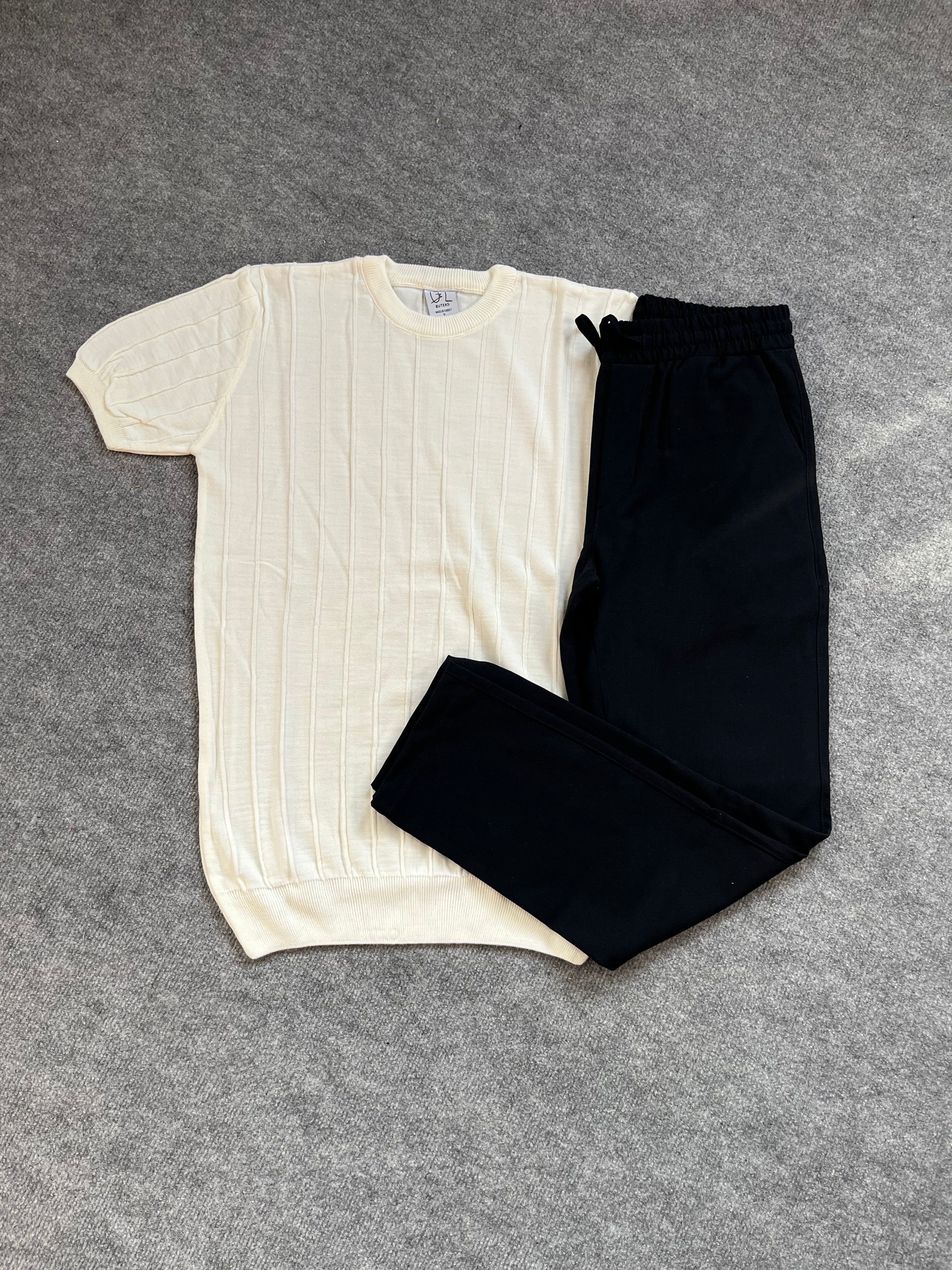 Triko Şerit Detaylı T-shirt / Lacivert Kumaş Pantolon