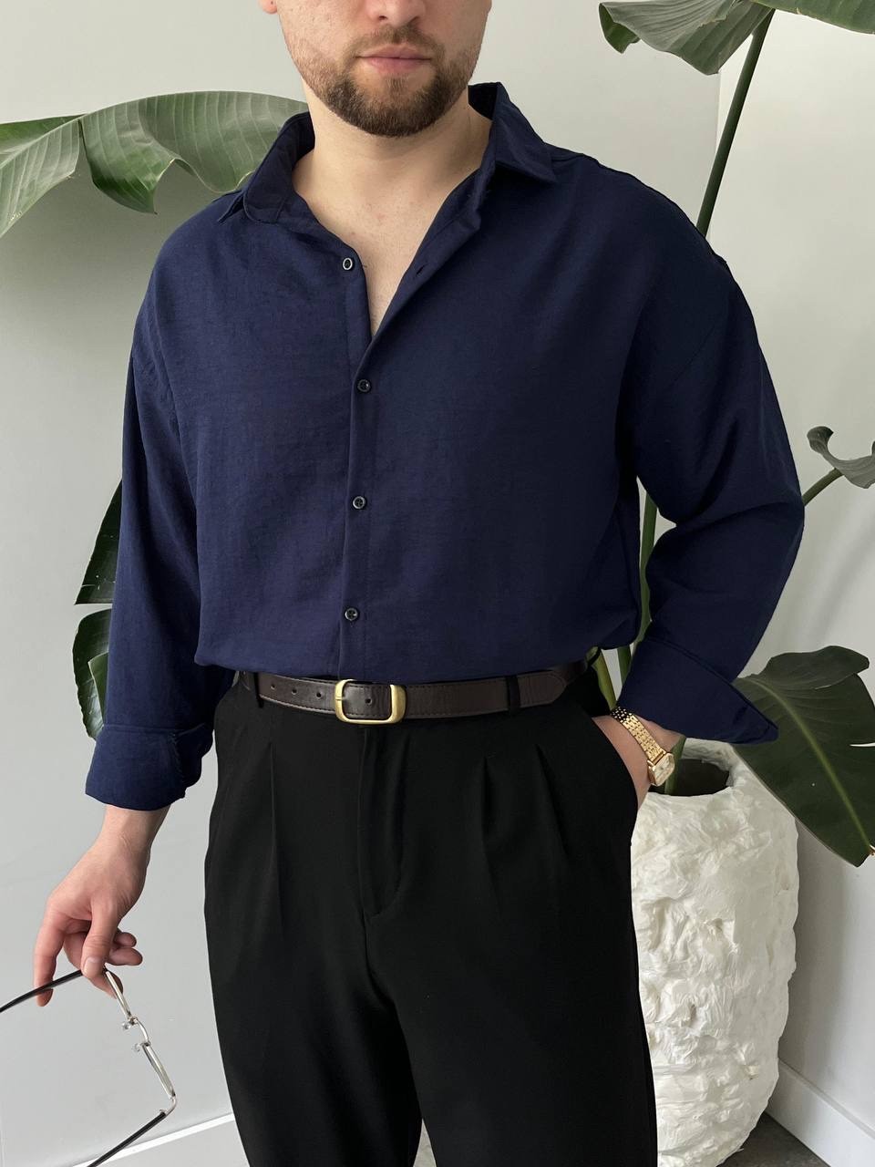 Lacivert Premium Keten Gömlek Oversize Kalıp 