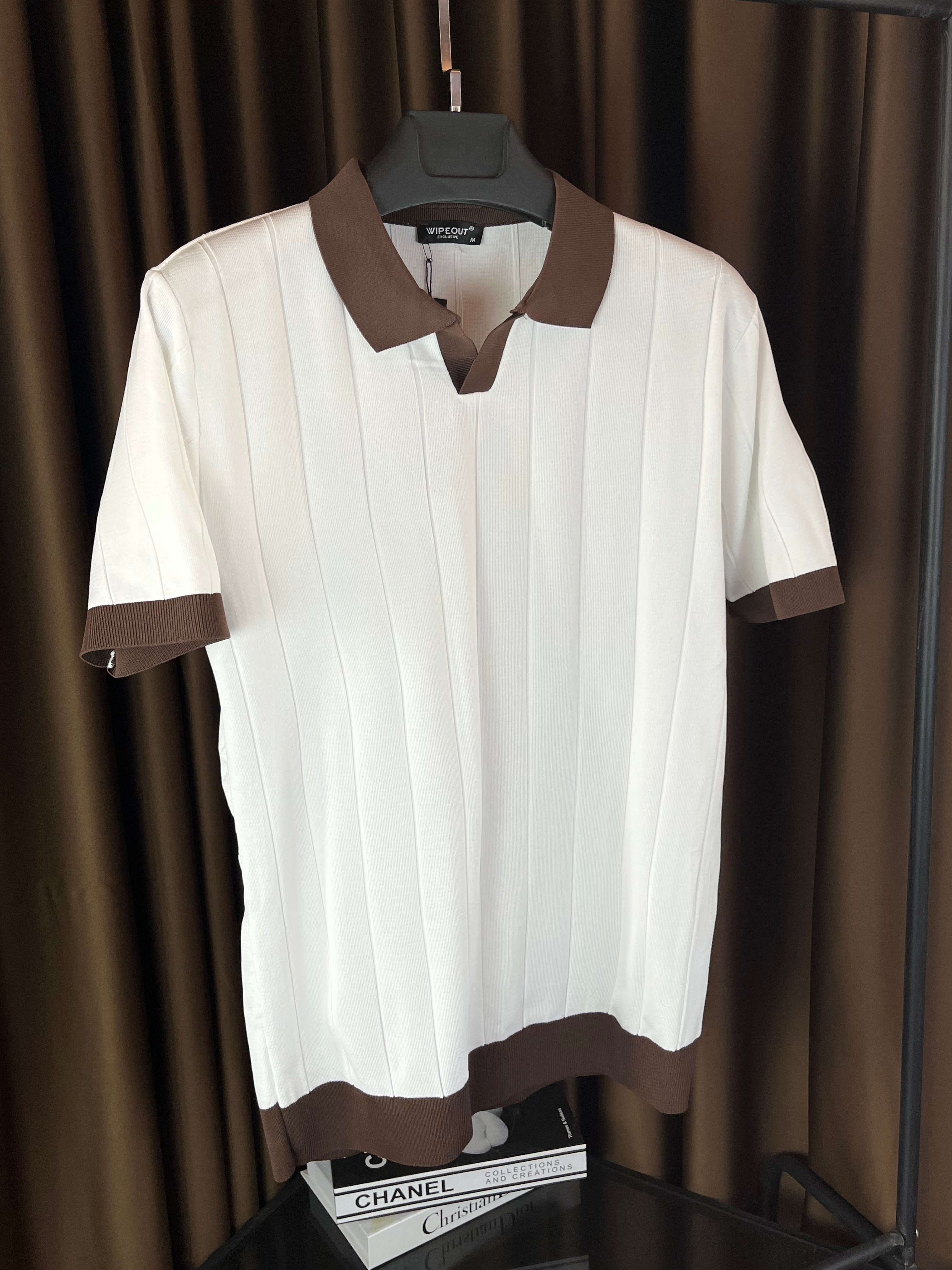 Premium Triko Polo Yaka Kahve/Beyaz