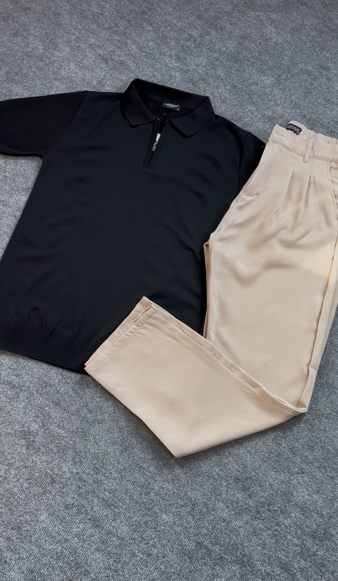 Premium Yarım fermuarlı Polo yaka/ bej kumaş boyfriend pantolon