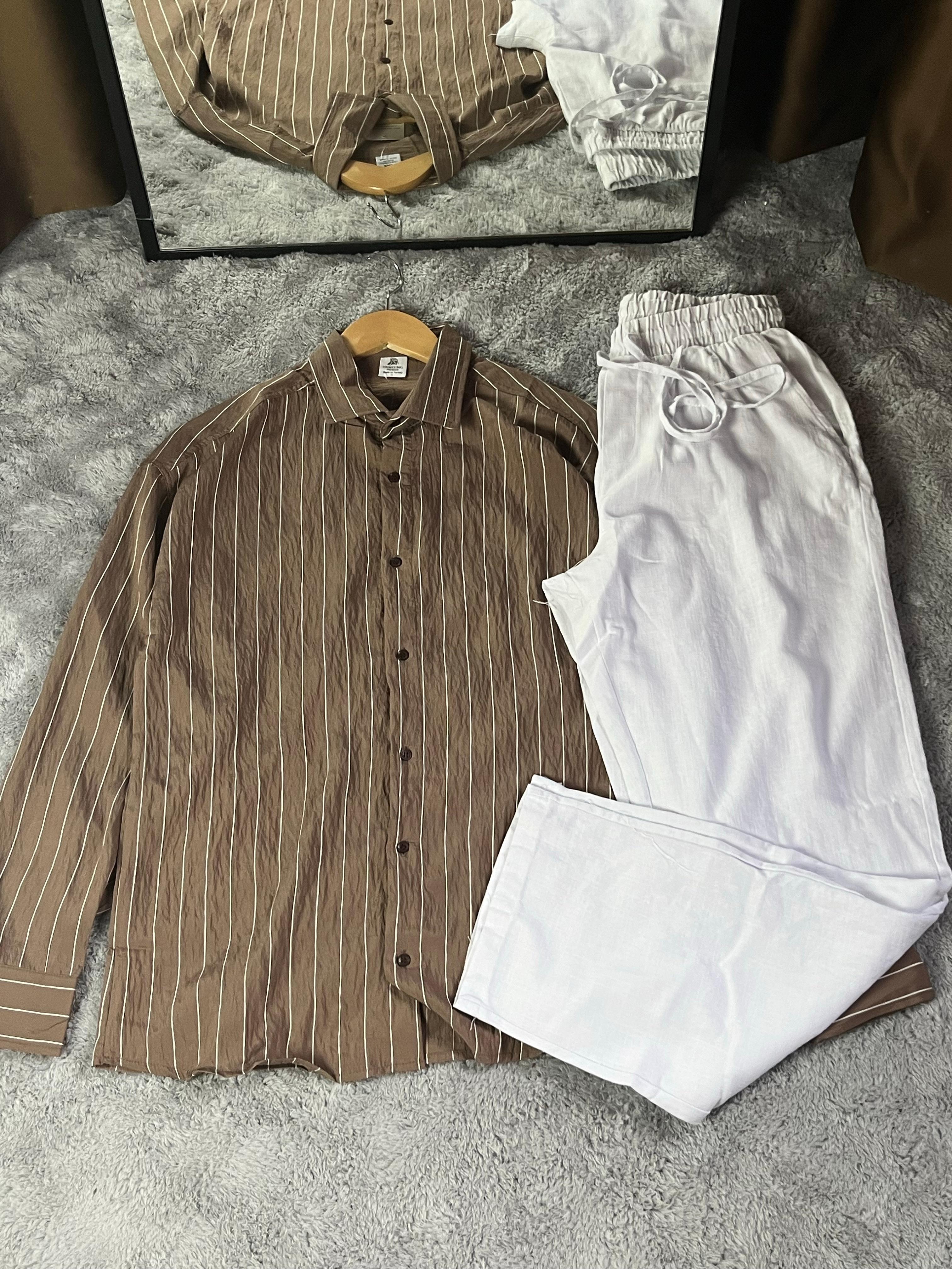 Premium luxury Çizgili Gömlek / Keten Pantolon 