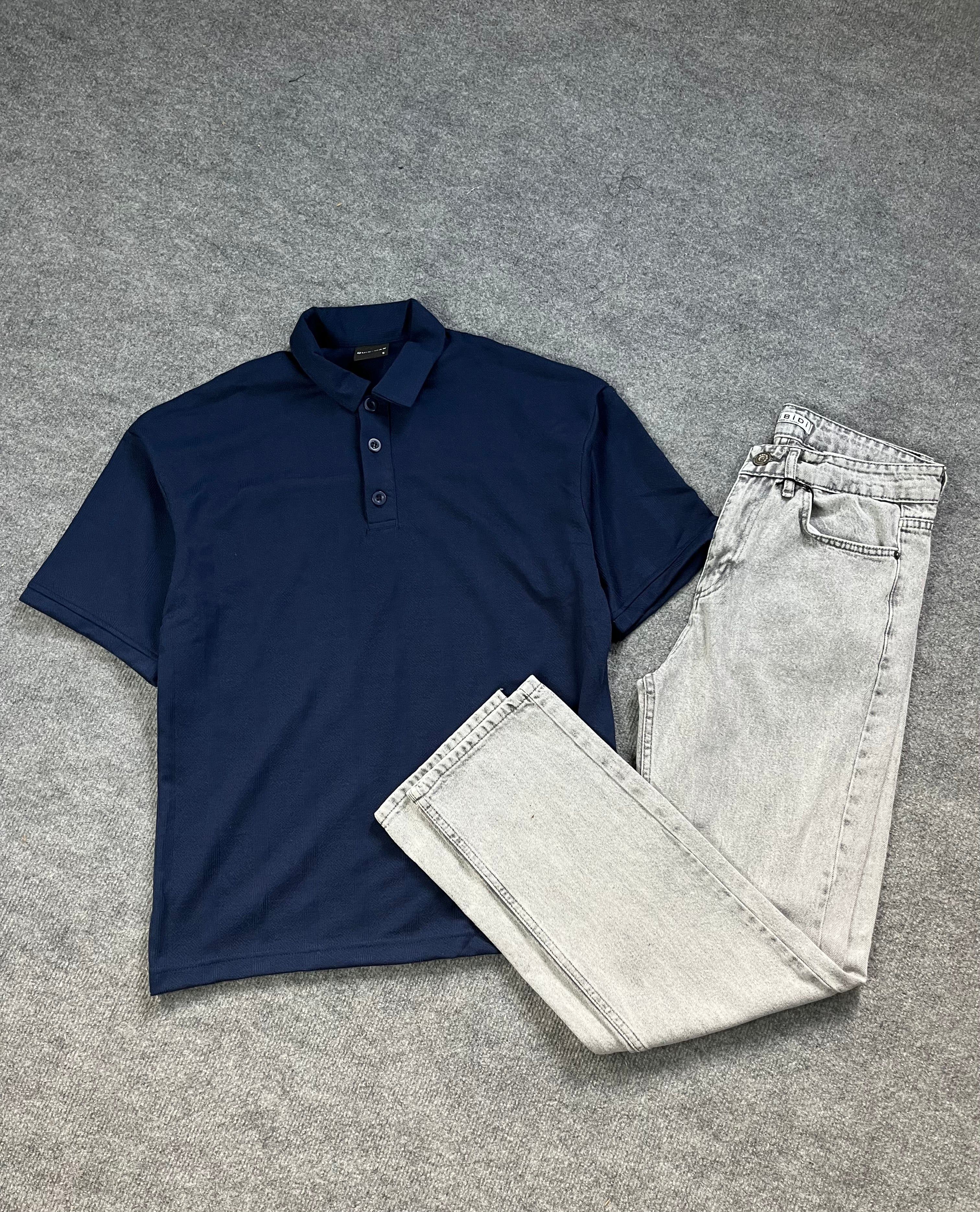 Lacivert Polo yaka / gri kot pantolon kombin