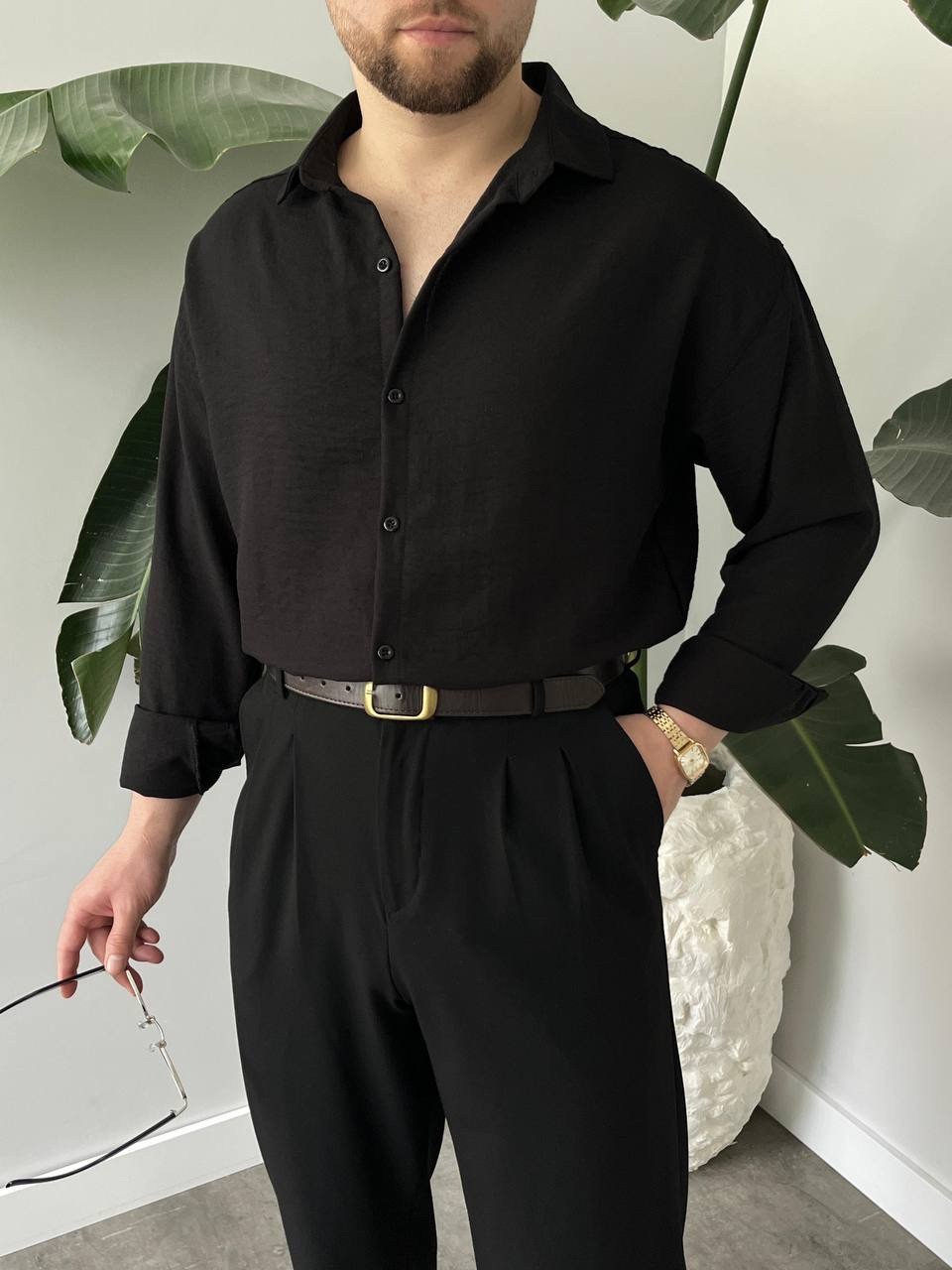 Premium Siyah keten Gömlek / Siyah Kumaş Pantolon Kombin boyfrend Kalıp