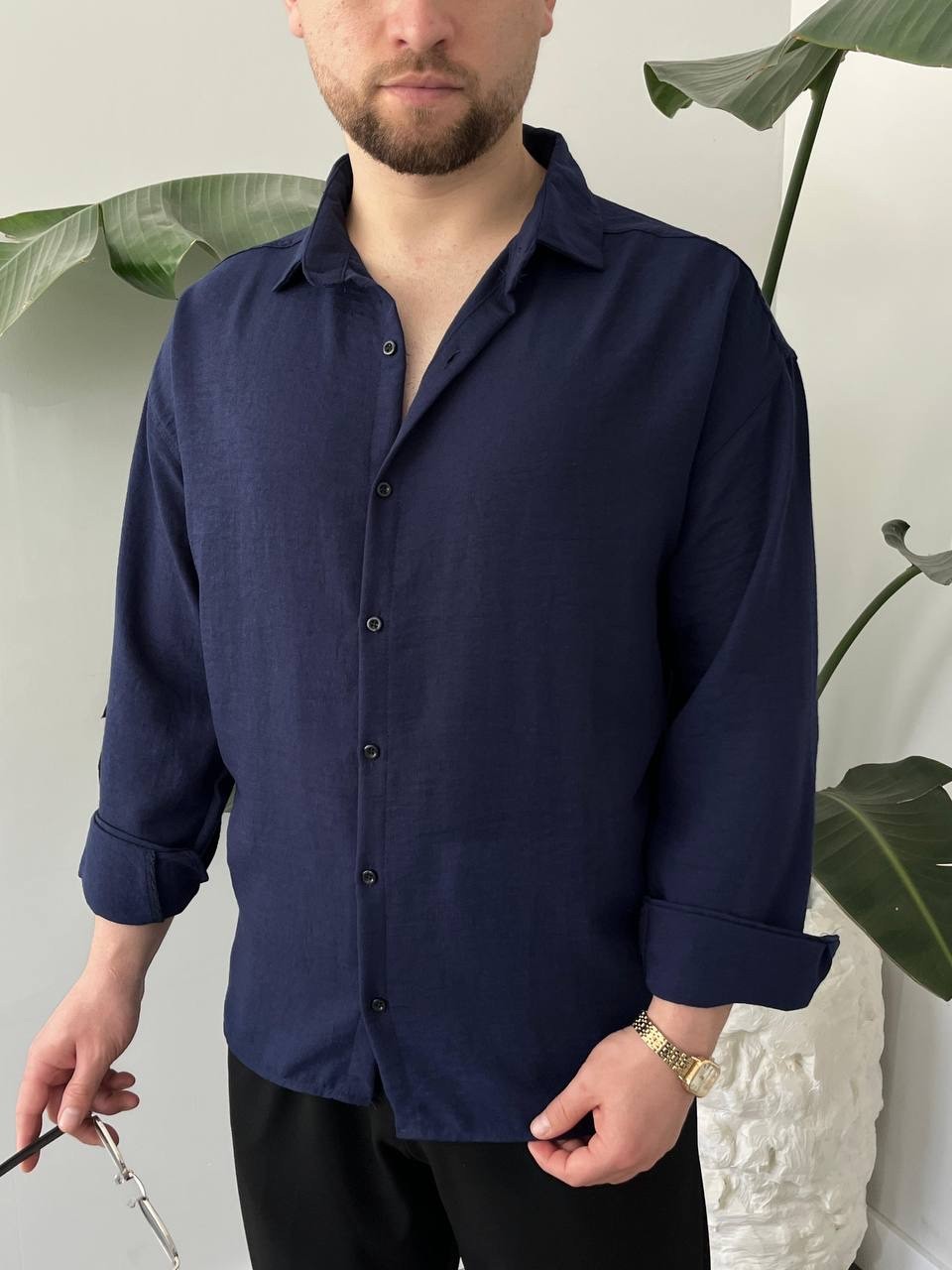 Lacivert Premium Keten Gömlek Oversize Kalıp 