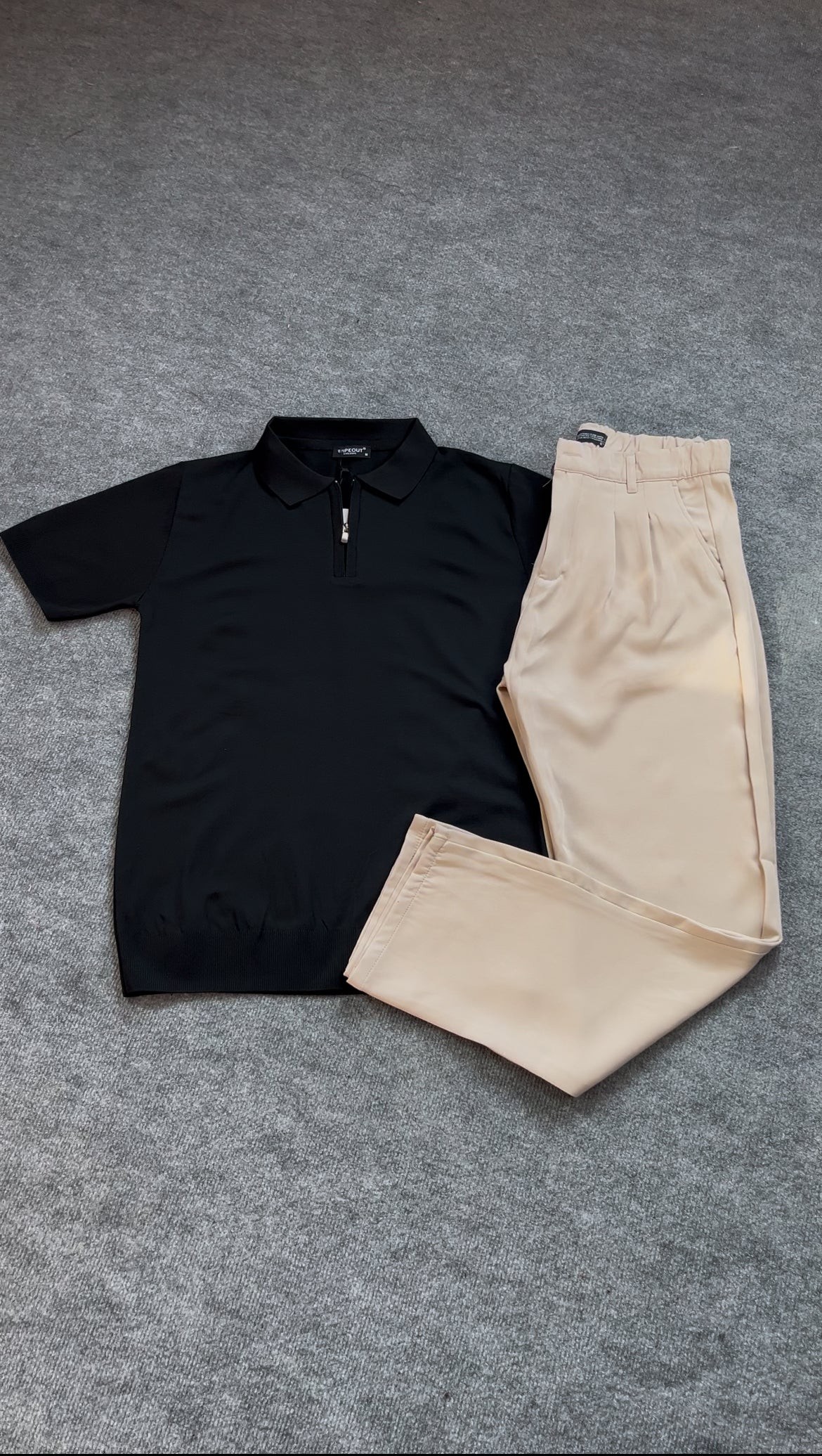Premium Yarım fermuarlı Polo yaka/ bej kumaş boyfriend pantolon
