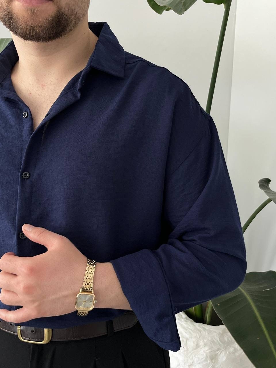 Lacivert Premium Keten Gömlek Oversize Kalıp 