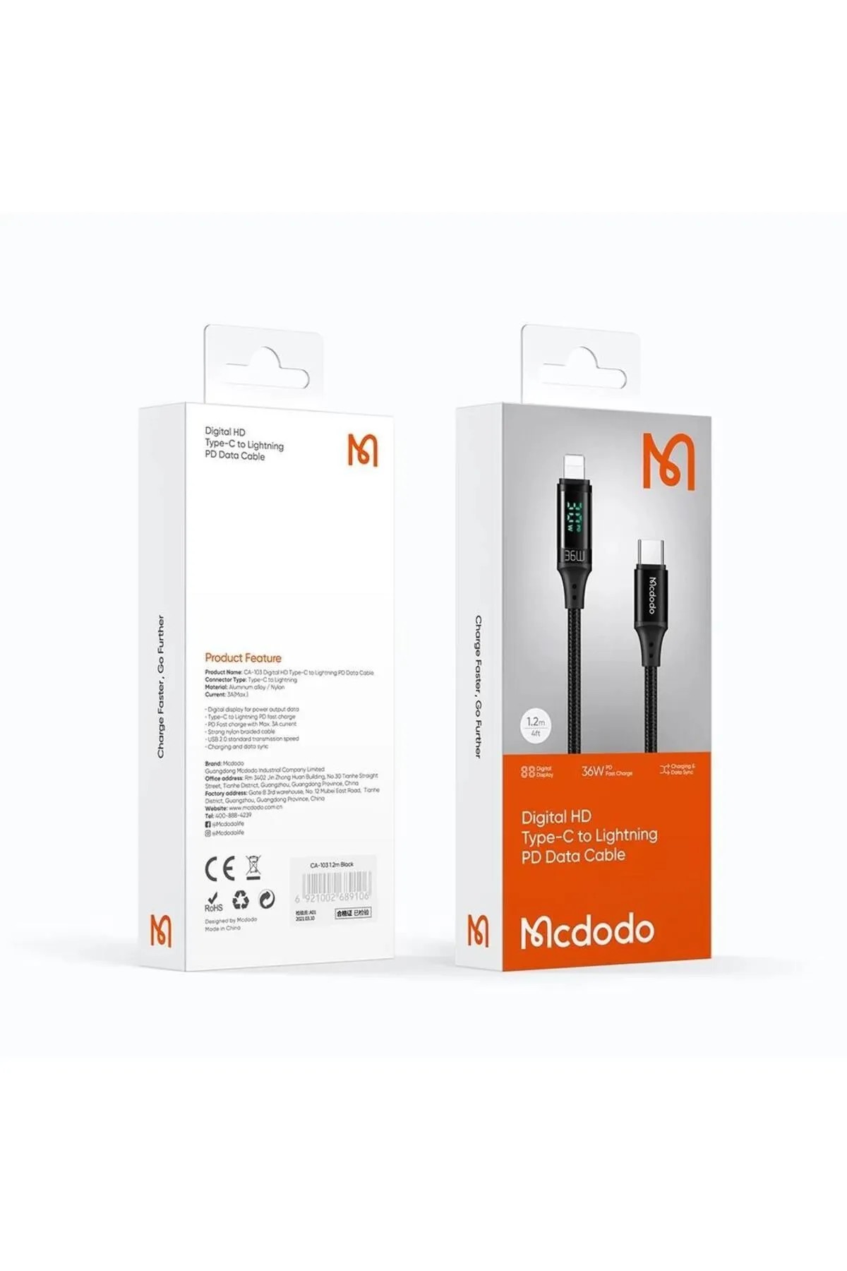 Mcdodo CA-1030 36W Type-C To Lightning Dijital Göstergeli Data-Şarj Kablosu 1.2M-Siyah