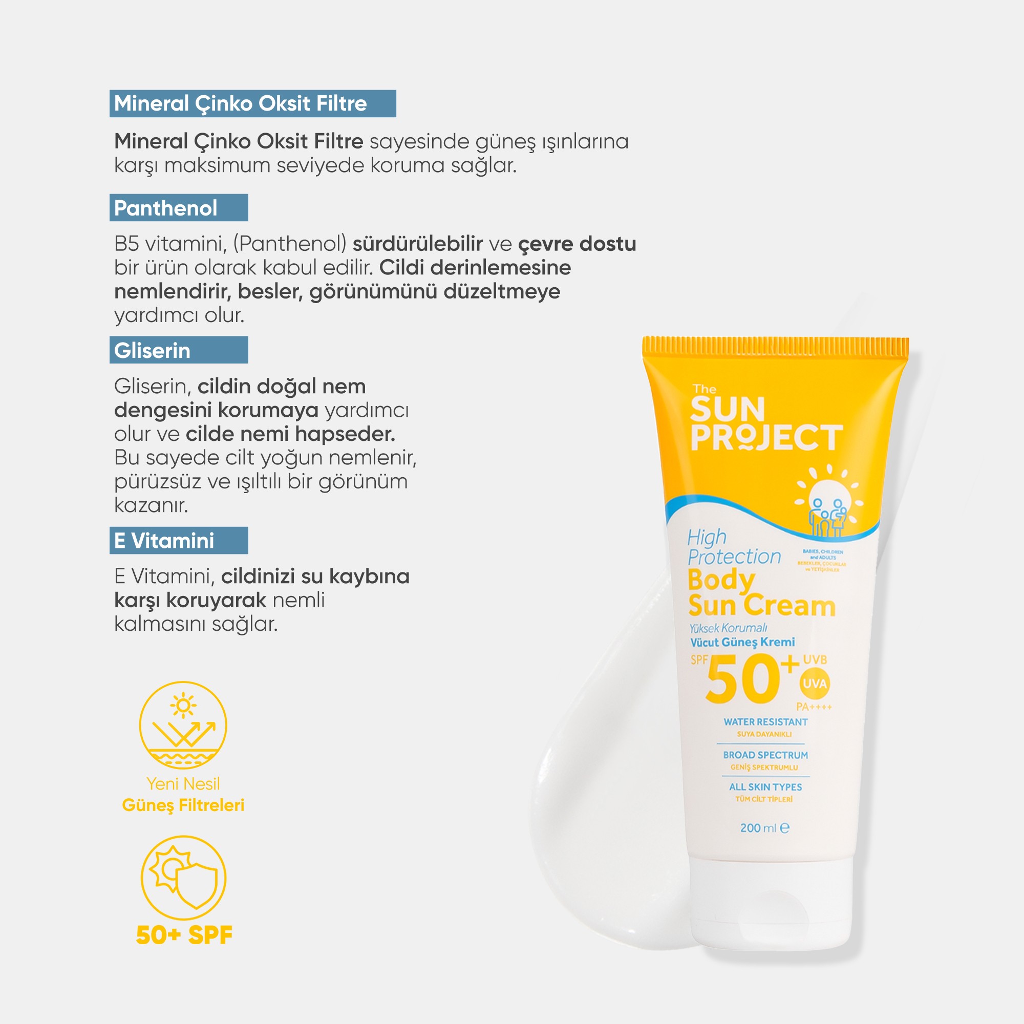 The Sun Project Yüksek Korumalı Aile Boyu Yüz ve Vücut Güneş Kremi High Protection Body Sun Cream SPF50+/PA++++ 200 ml