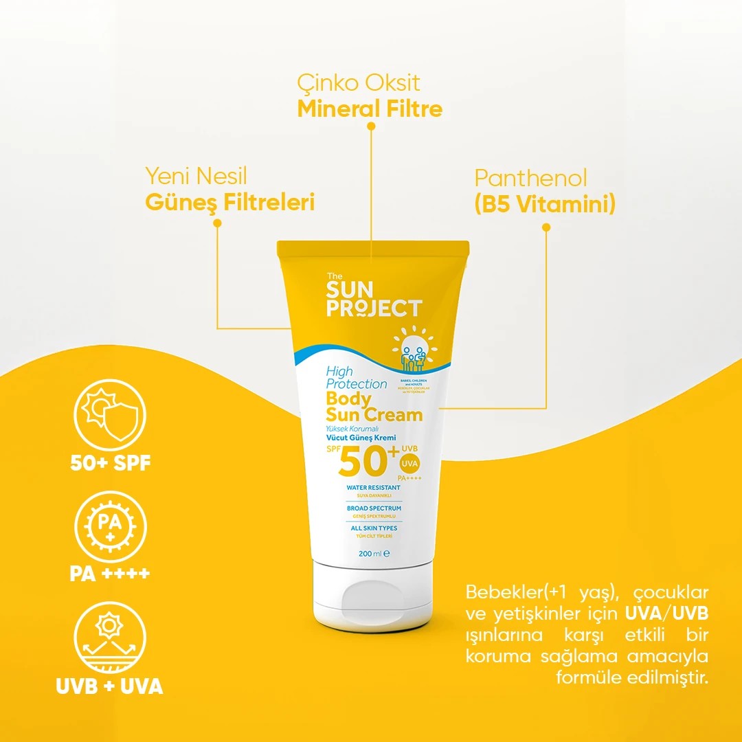 The Sun Project Yüksek Korumalı Aile Boyu Yüz ve Vücut Güneş Kremi High Protection Body Sun Cream SPF50+/PA++++ 200 ml
