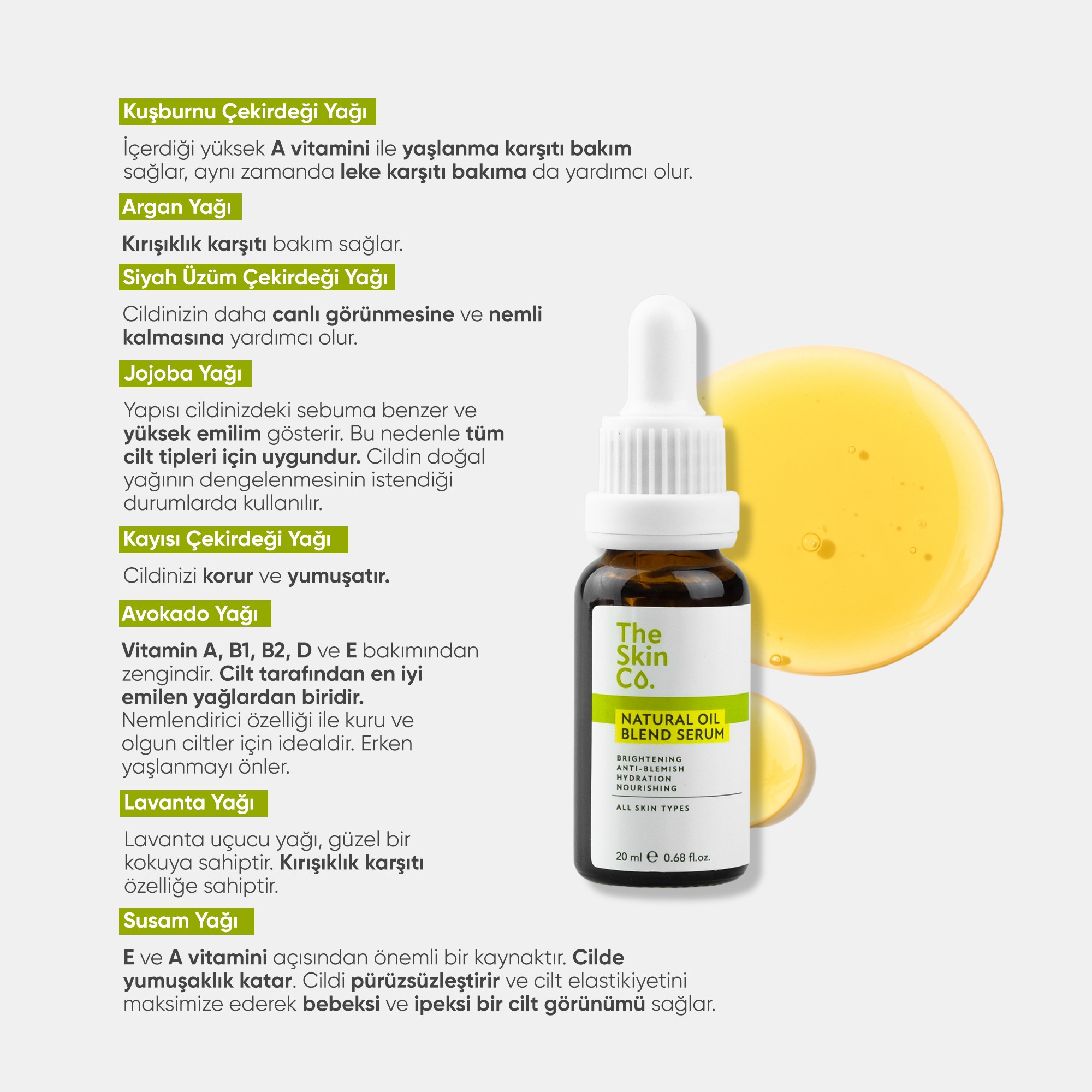 The Skin Co. %99,9 Doğal Yağ Karışımı Yoğun Nemlendirici & Aydınlatıcı Yüz Serumu 20 ml