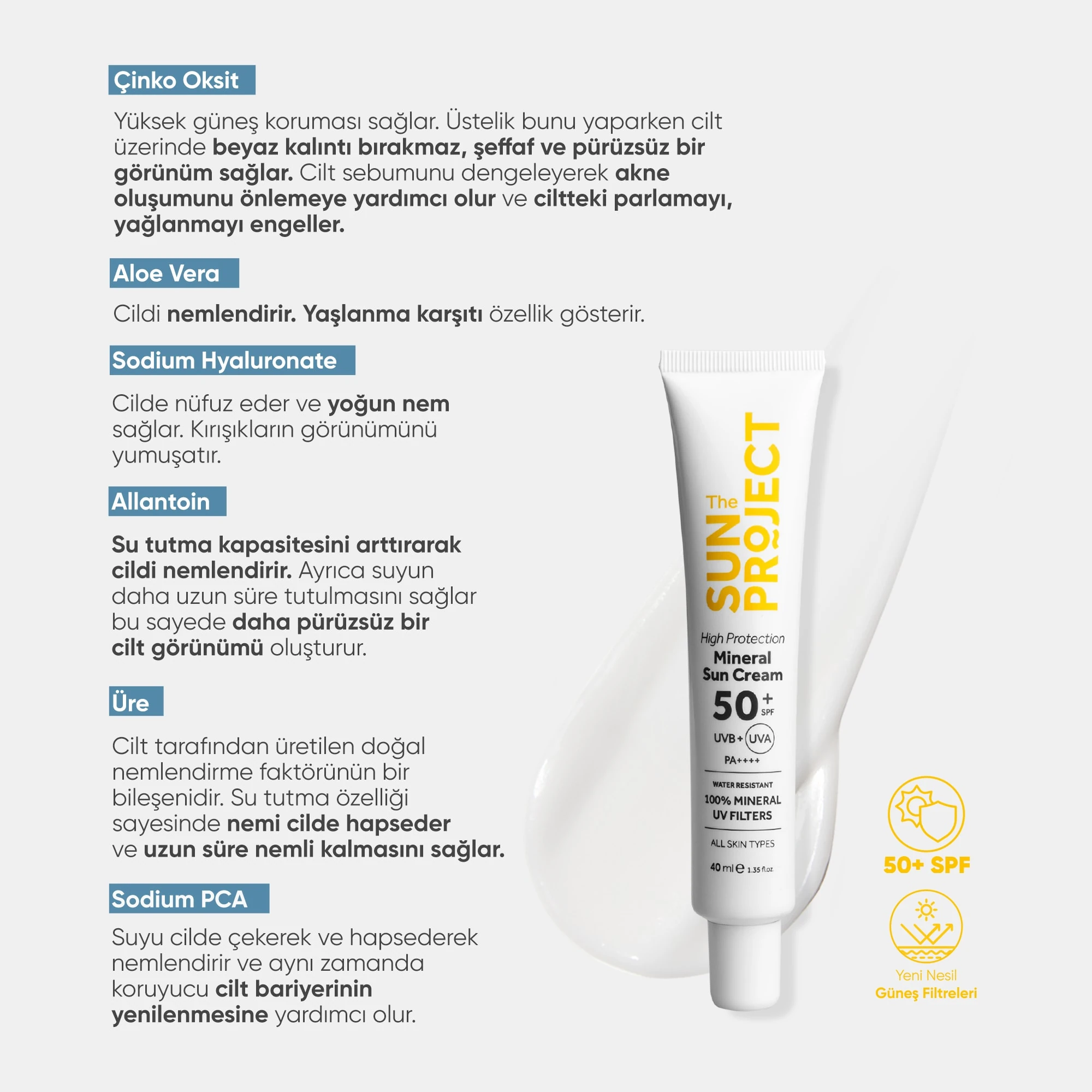 The Sun Project Yüksek Korumalı Aydınlatıcı%100 Mineral Güneş Kremi High Protection Mineral Sun Cream 50+ SPF PA++++ 40 ml