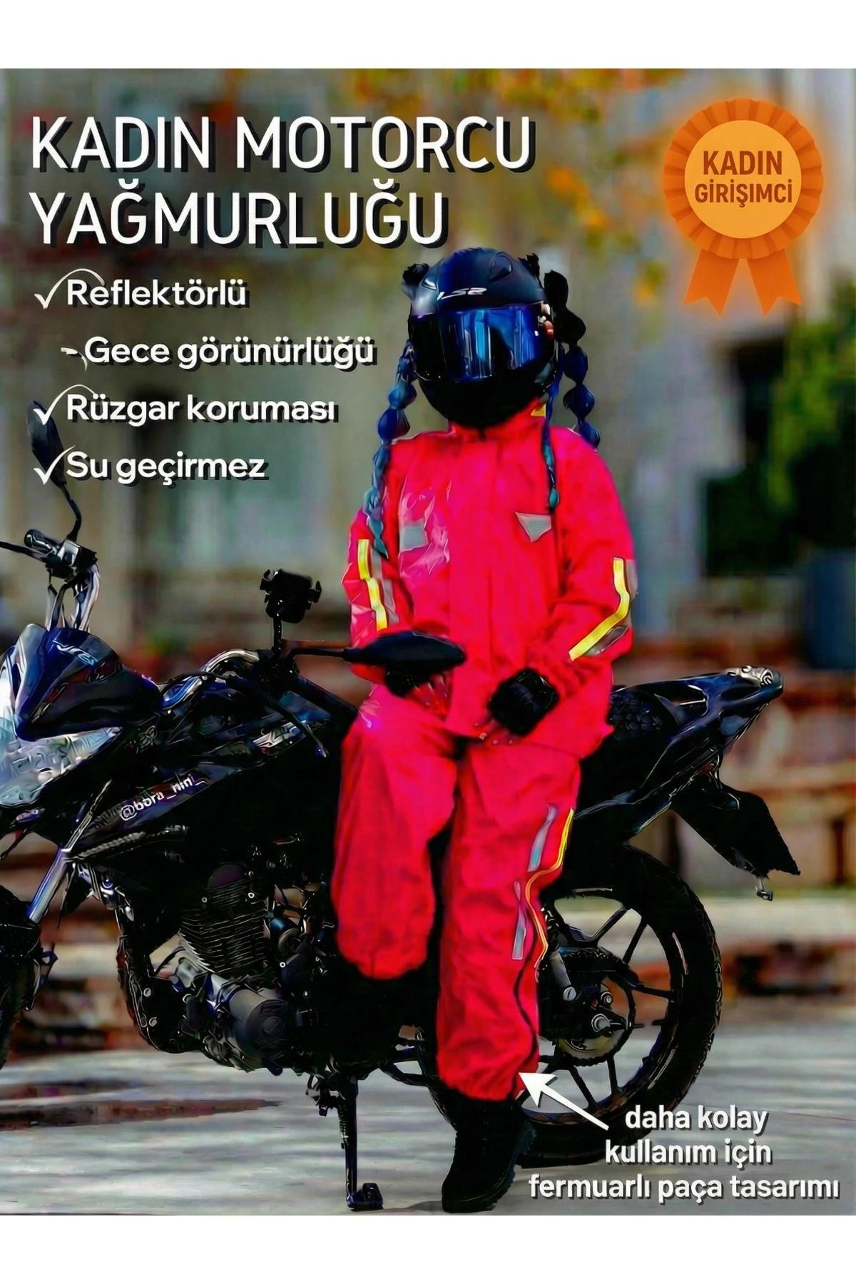 Kadın Motorcu Yağmurluğu Fuşya Reflektör ve Neon baskılı