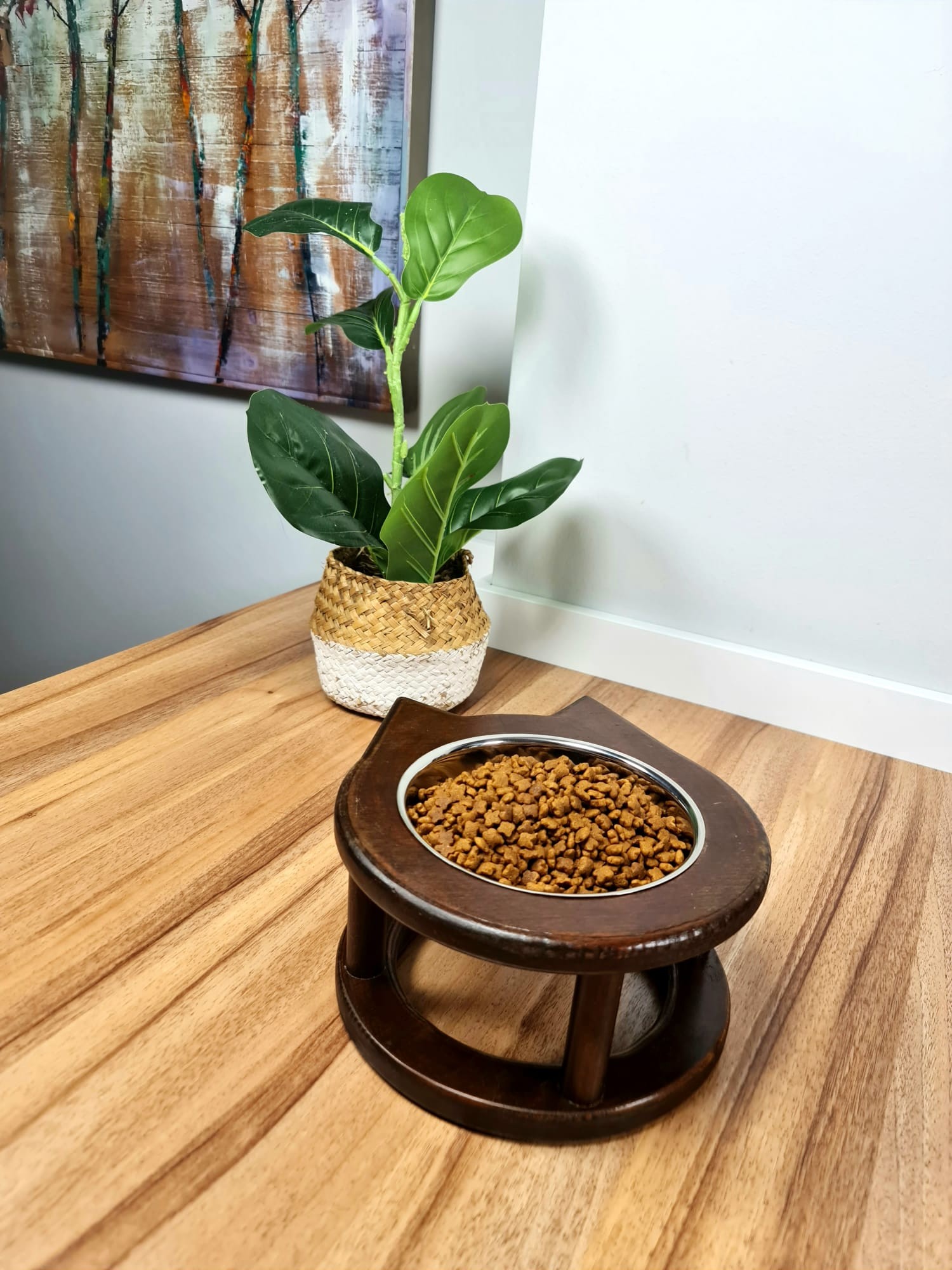 Cat Food Water Container With Single Ear Wooden Luxury Steel Bowl