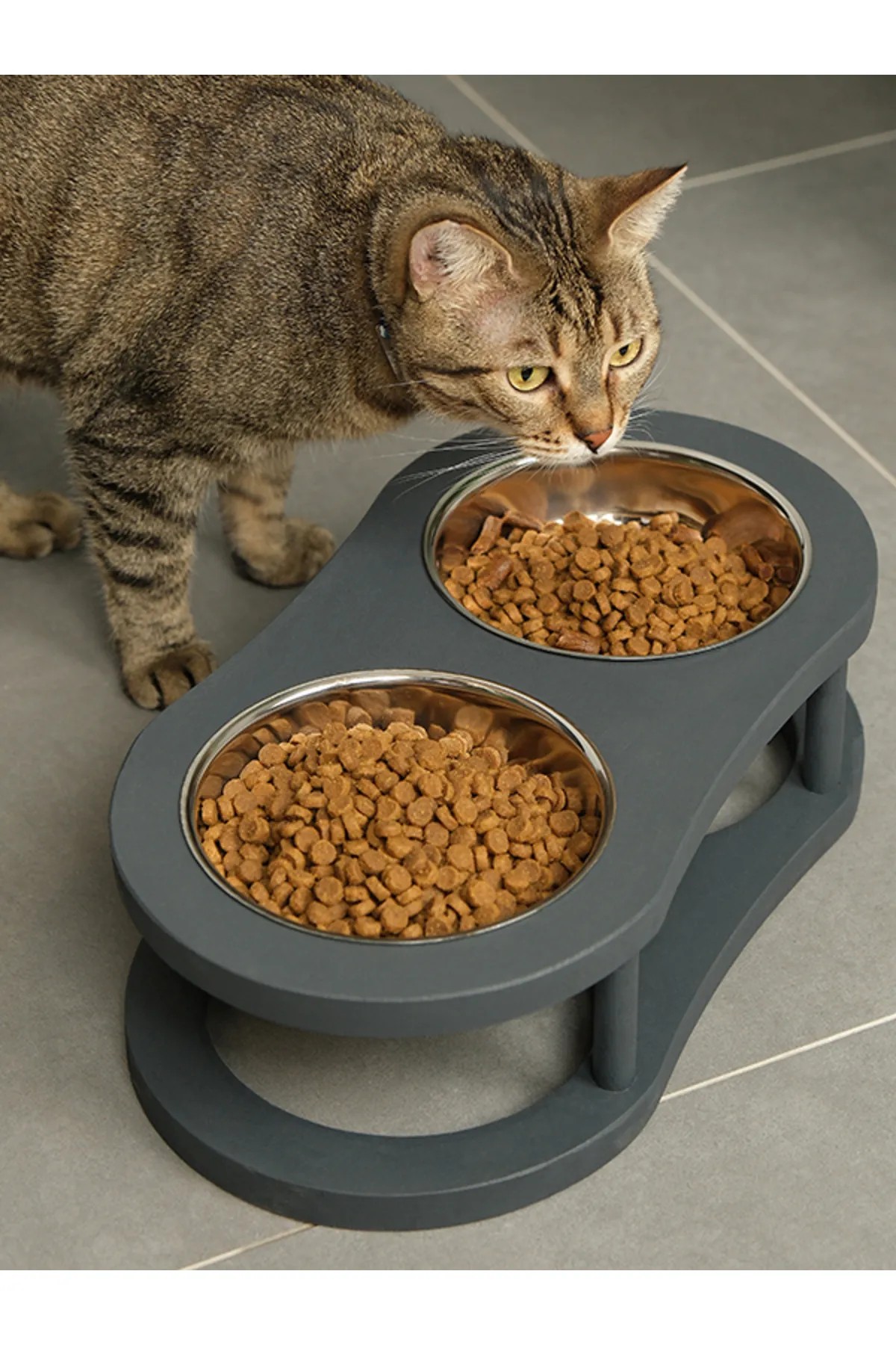 Luxury Cat Food and Water Container With Coy Grey Wooden Steel Bowl