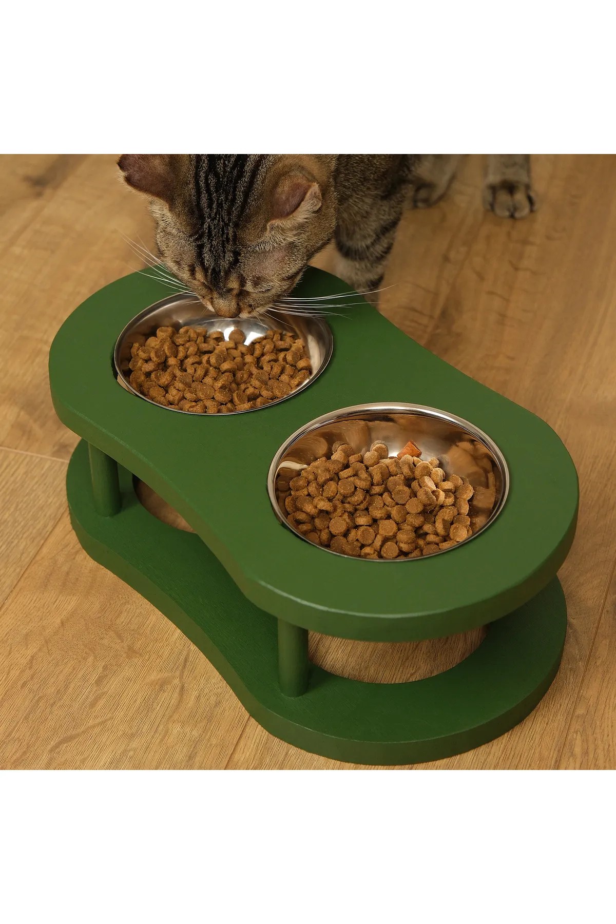 Luxury Cat Food Container With Coy Green Wooden Steel Bowl
