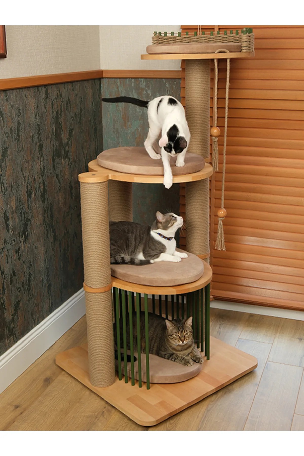 Lena Beige Luxury Wooden Cat House With Scratching Unit