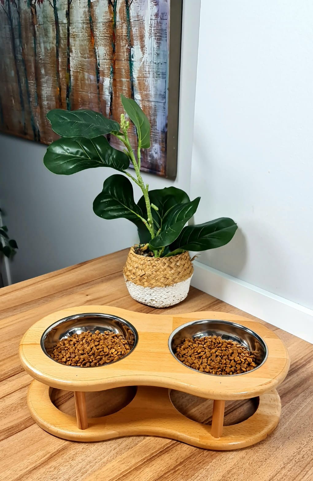 Beige Double Wooden Luxury Cat Food Water Container With 15 Steel Bowl