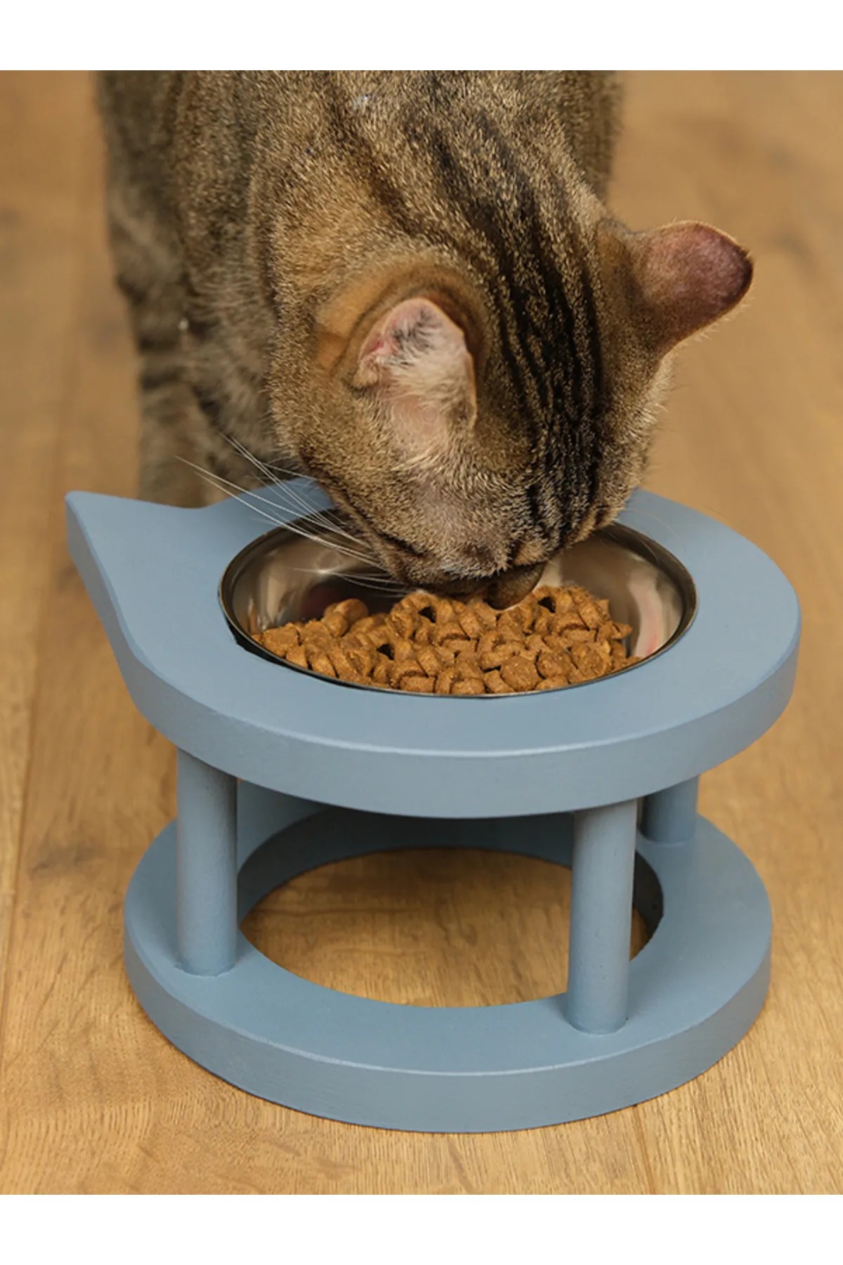 Luxury Cat Food and Water Container With Pebble Wood Steel Bowl