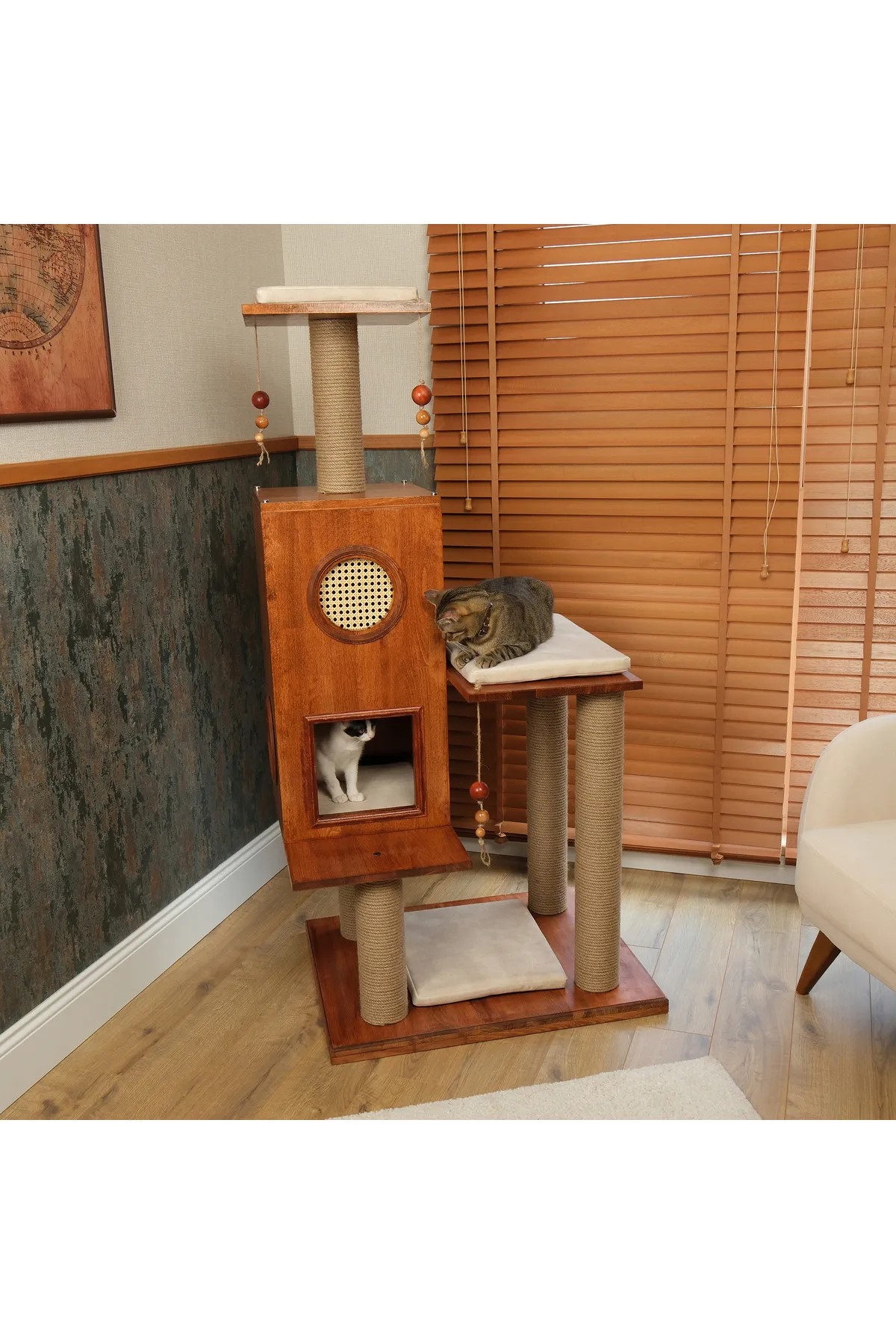 Caramel Luxury Wooden Cat House With Scratching Unit
