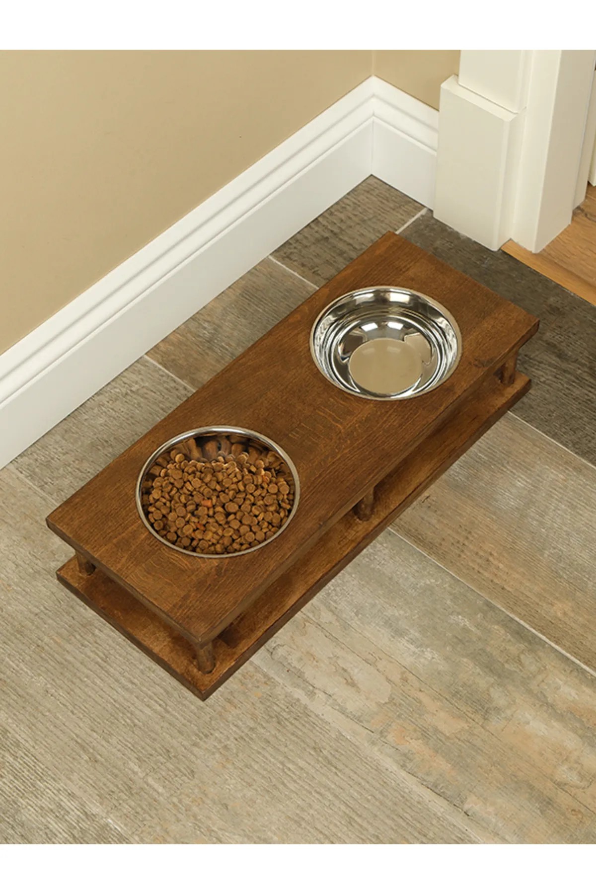 Luxury Cat Food and Water Container With Bead Wooden Steel Bowl