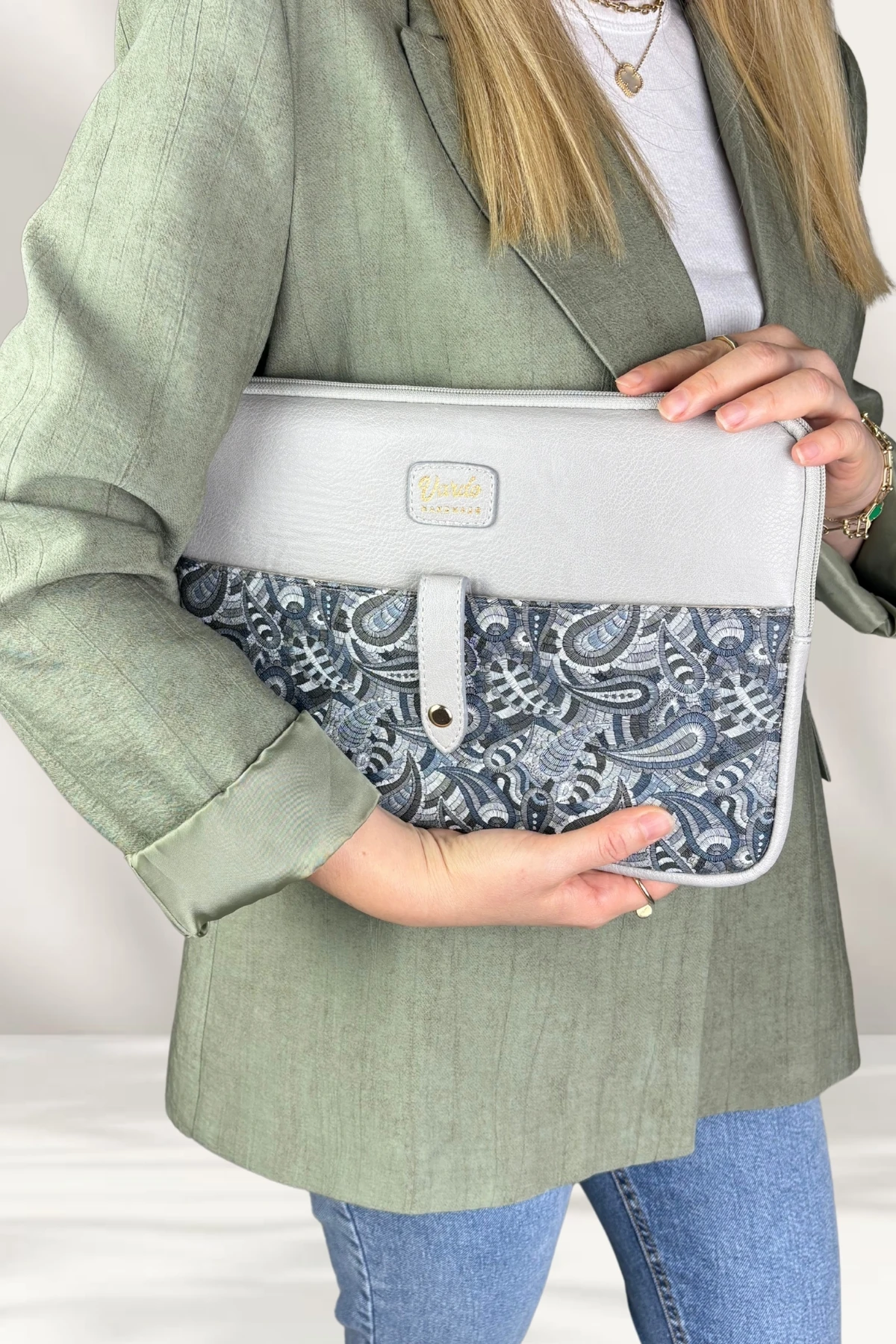 Esmee 10'' 11'' 12'' inç Apple iPad/Samsung Galaxy/Matepad/Huawei Tablet Kılıfı & Clutch Çanta - Gri Şal Desen