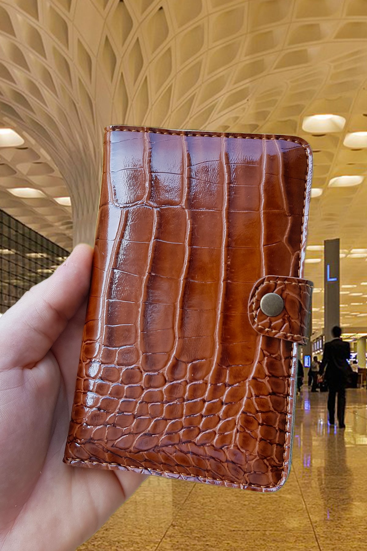 Esther Tasarım Kartvizitlikli Cüzdan & Pasaport Kılıfı Unisex - Kahverengi Kroko