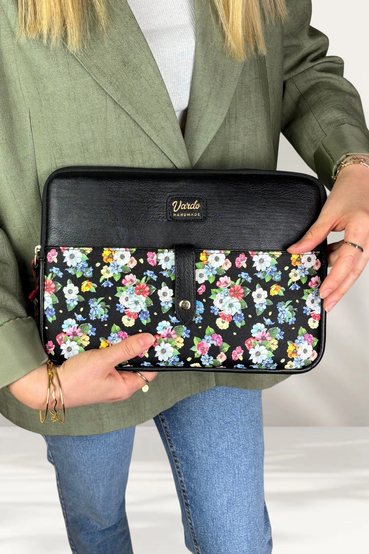 Esmee 10'' 11'' 12'' inç Apple iPad/Samsung Galaxy/Matepad/Huawei Tablet Kılıfı & Clutch Çanta - Siyah Çiçek Desen