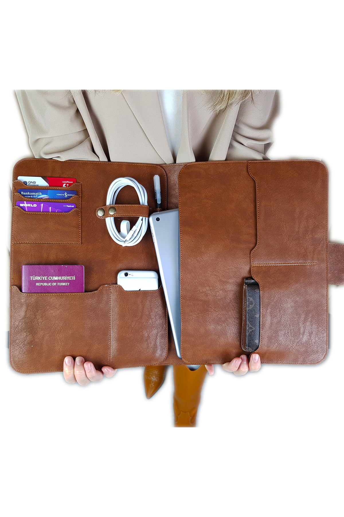 Ingrid 13-14 Inç Macbook Air/Pro Ipad  Uyumlu Notebook & Evrak & Tablet Çantası  - Deri Desenli Kahverengi