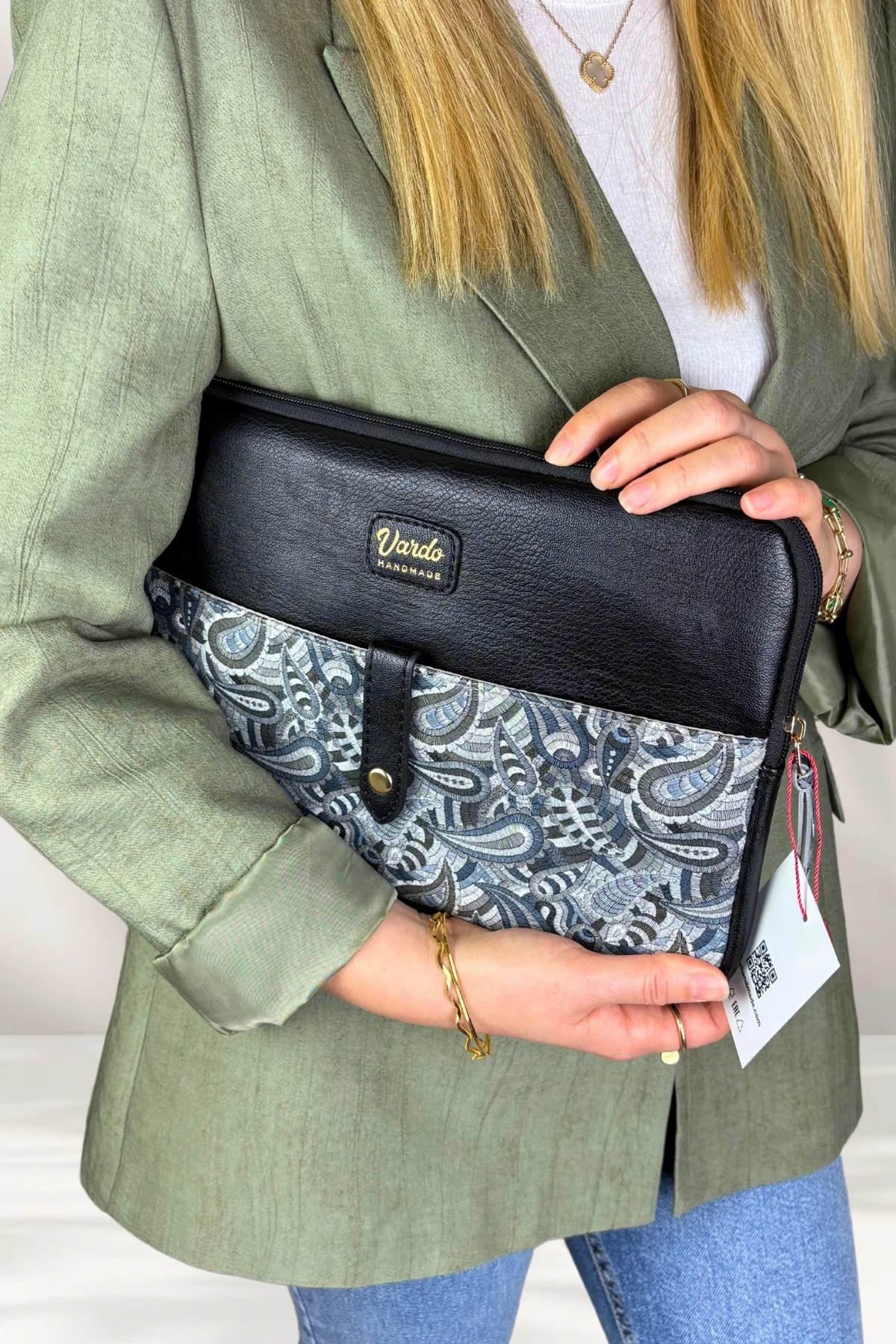 Esmee 10'' 11'' 12'' inç Apple iPad/Samsung Galaxy/Matepad/Huawei Tablet Kılıfı & Clutch Çanta - Siyah Şal Desen