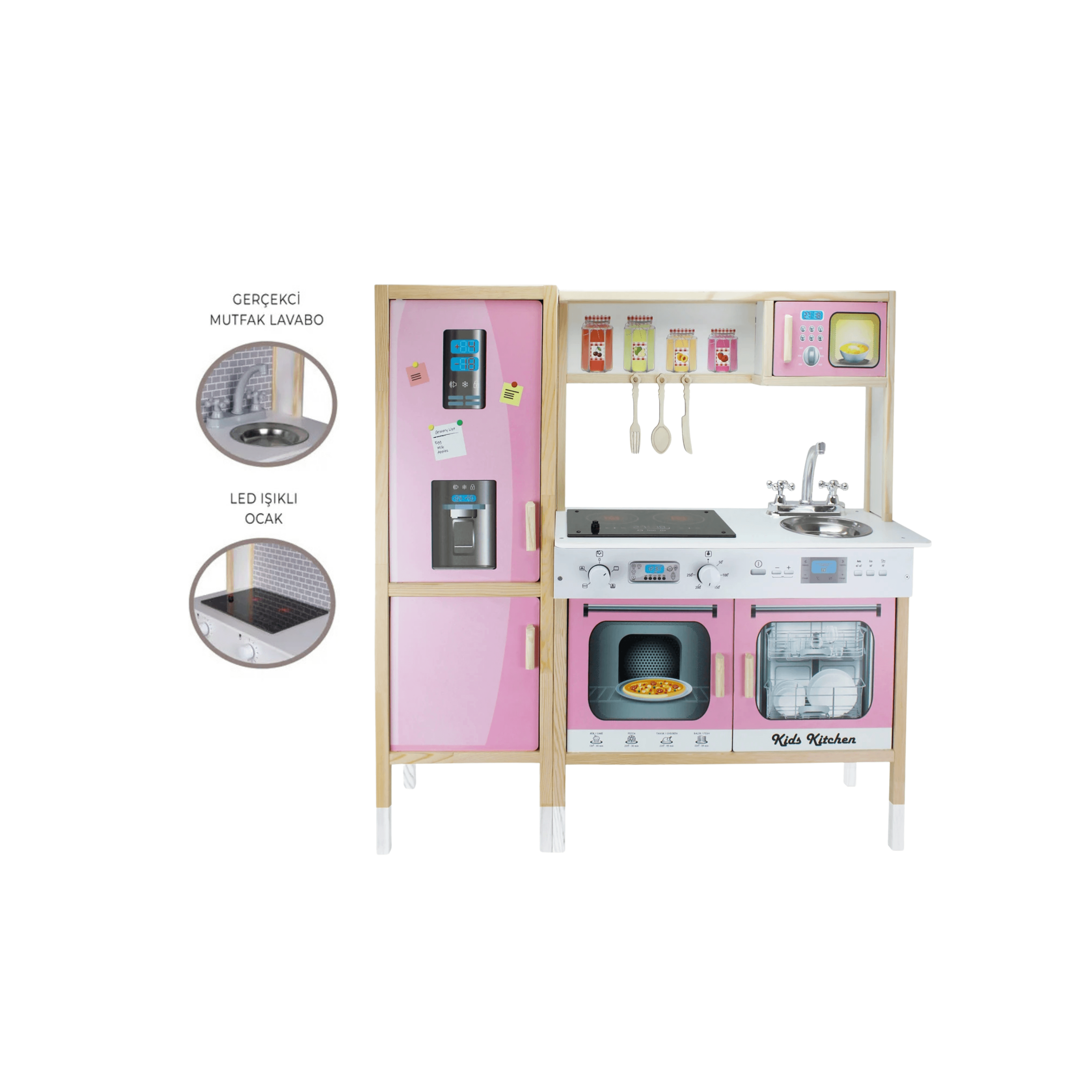 Toysilla Ahşap Buzdolaplı Çocuk Mutfağı Ledli Pembe - T1013