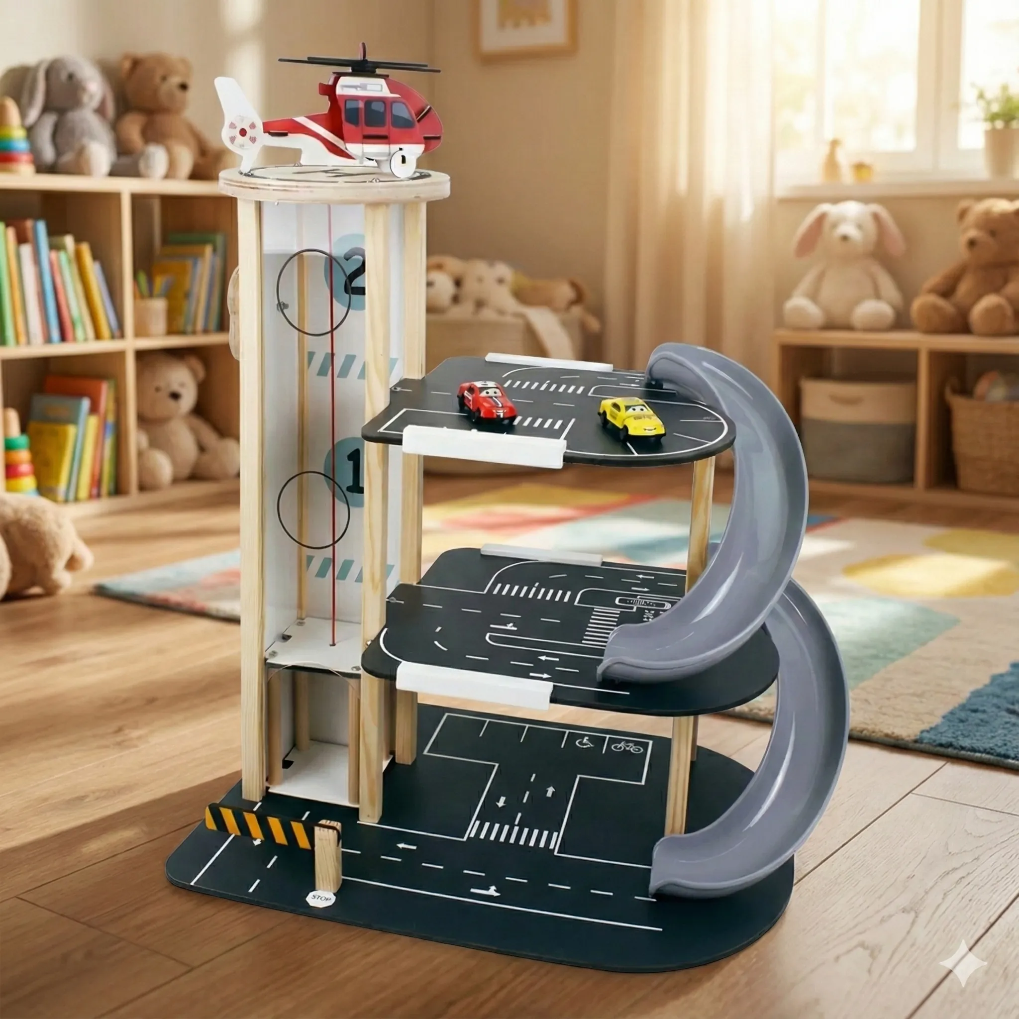 Toysilla Ahşap 3 Katlı Asansörlü ve Kaydıraklı Çocuk Oyun Garajı - T3013