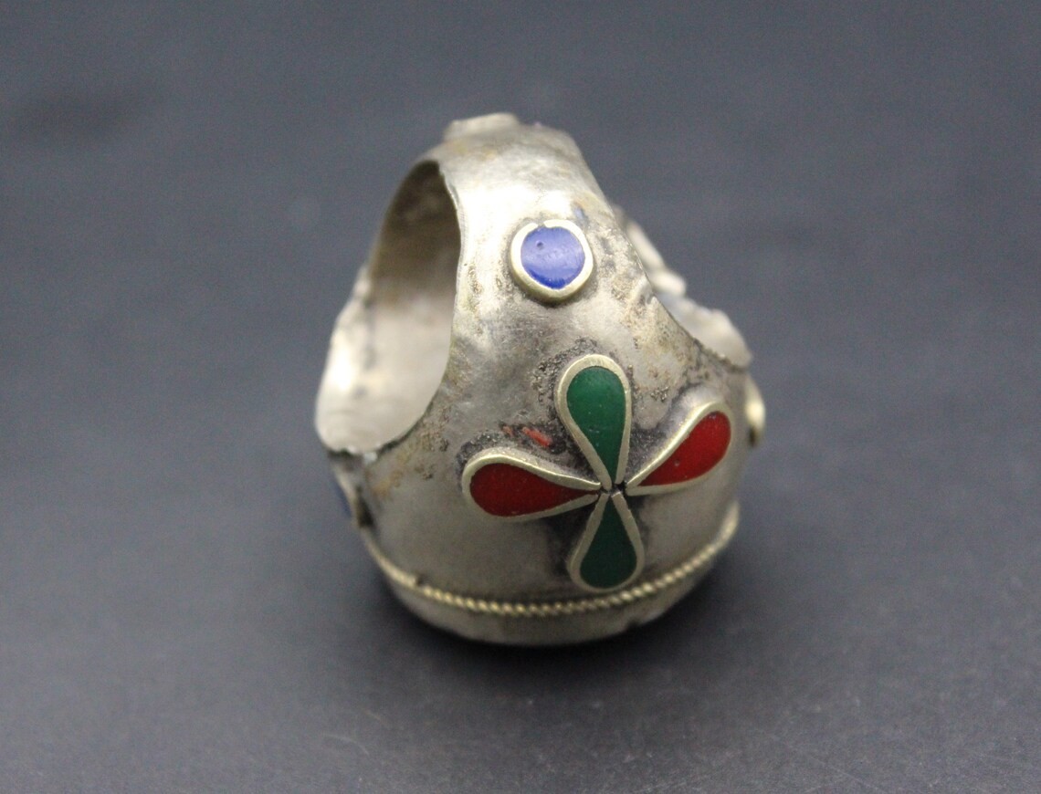Vintage Afghan Alpaka Ring, Red Enamel Ring, Tribal Boho Ring, Kuchi Ring, Large Gypsy Ring, Size 9.25US, Afghan Jewelries