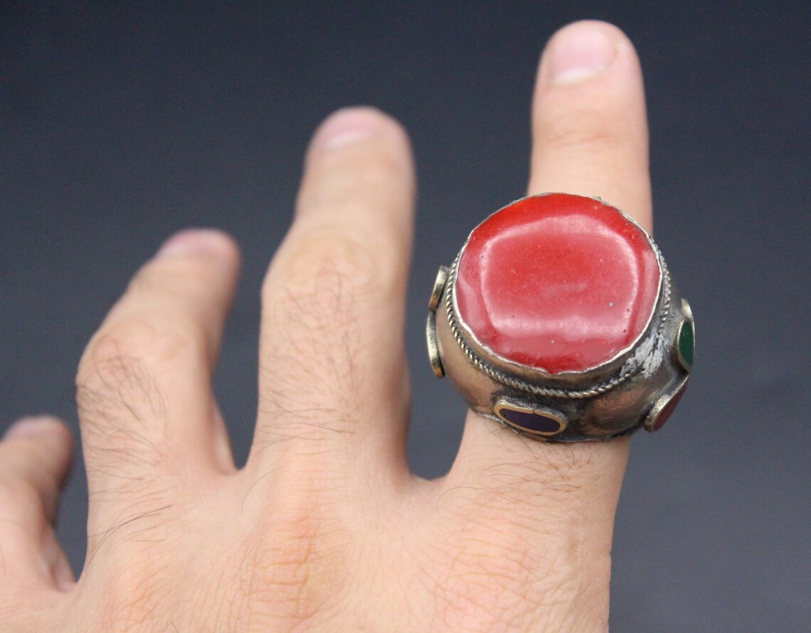 Vintage Afghan Alpaka Ring, Red Enamel Ring, Tribal Boho Ring, Kuchi Ring, Large Gypsy Ring, Size 9.25US, Afghan Jewelries