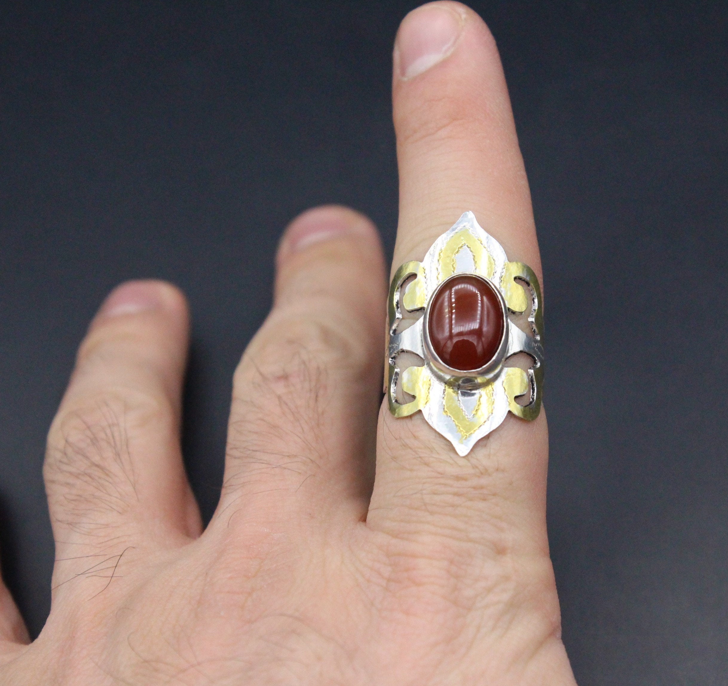 Turkmen Silver Partial Gold Wash Ring, Beautiful Carnelian Stone Adjustable Silver Ring, Carved Tribal Ring, Size 8.5US