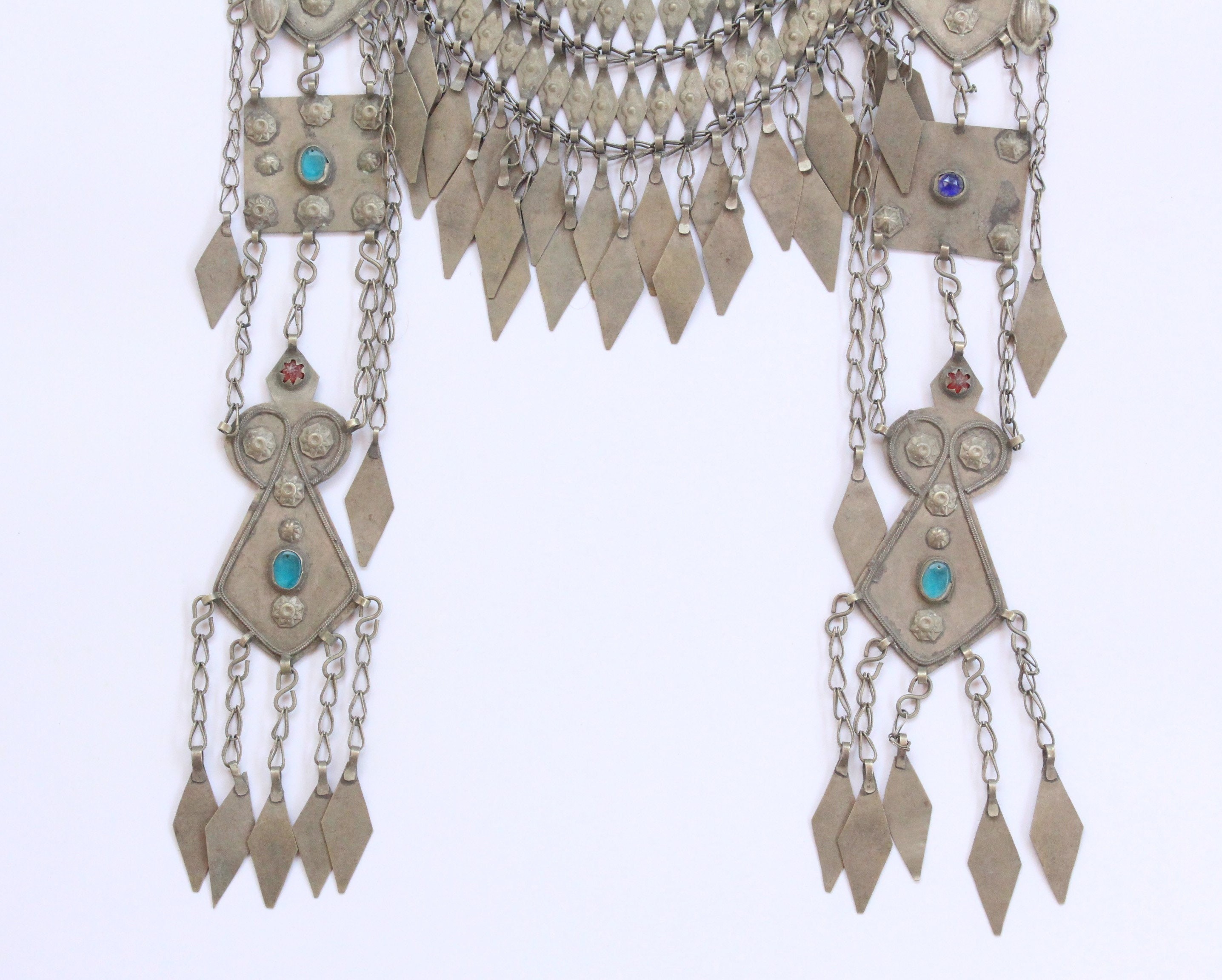 Vintage Turkmen Headpiece, Ethnic Tribal Alpaka Head Jewelry, Glass Beads Tassels Headpiece, Costuming Jewelry, Tribal Turkmen Jewelry