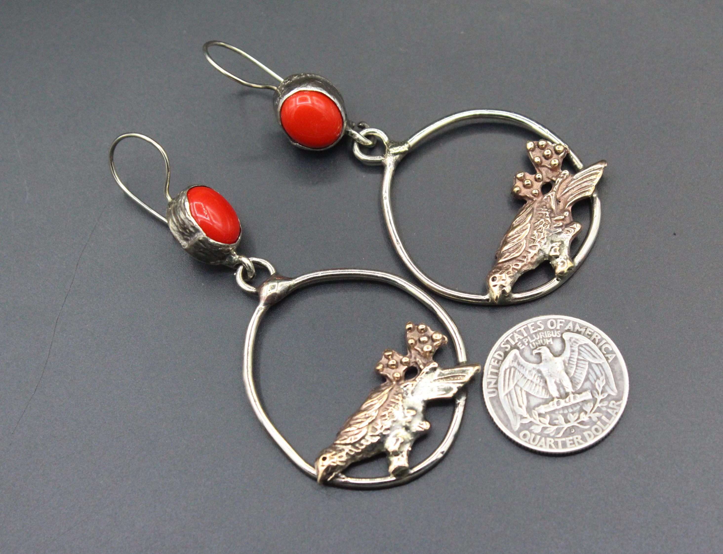 Bronze Küpe, Serçe Desenli Küpe, Koral Taşlı Küpe, Boho Küpe, 