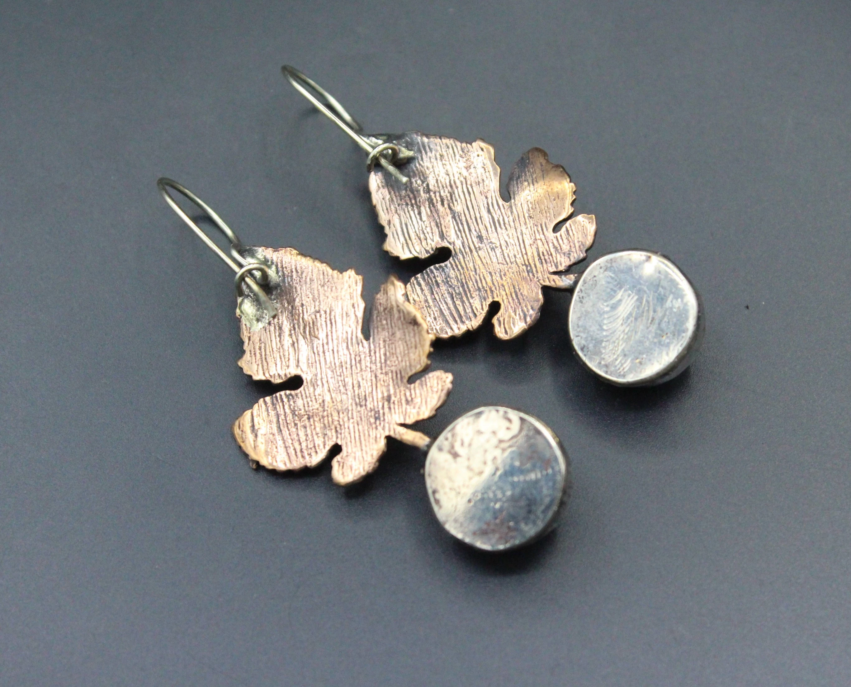 Bronze Küpe, Yaprak desenli Küpe, Onyx Taşlı Küpe, Boho Küpe, 