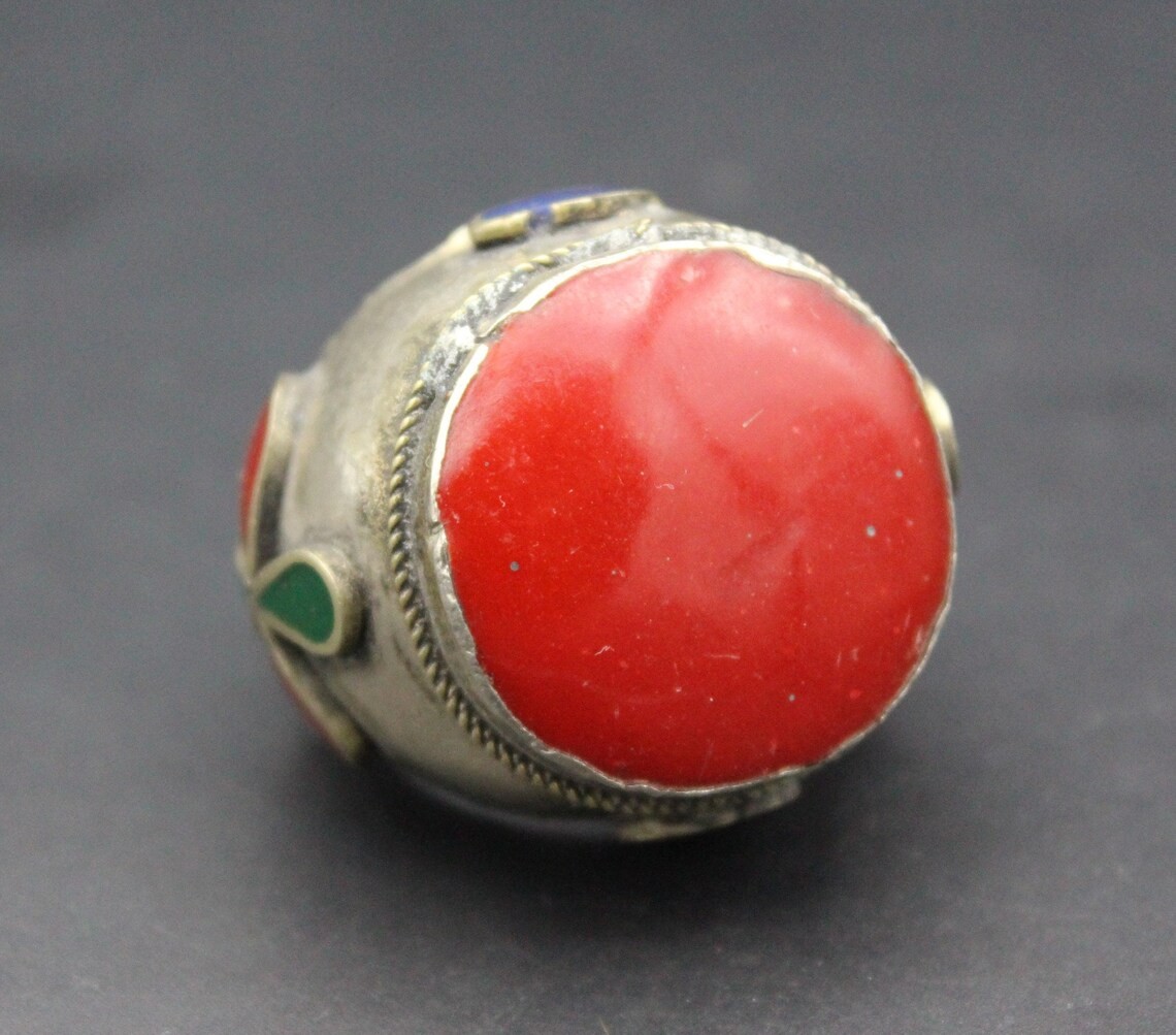 Vintage Afghan Alpaka Ring, Red Enamel Ring, Tribal Boho Ring, Kuchi Ring, Large Gypsy Ring, Size 9.25US, Afghan Jewelries