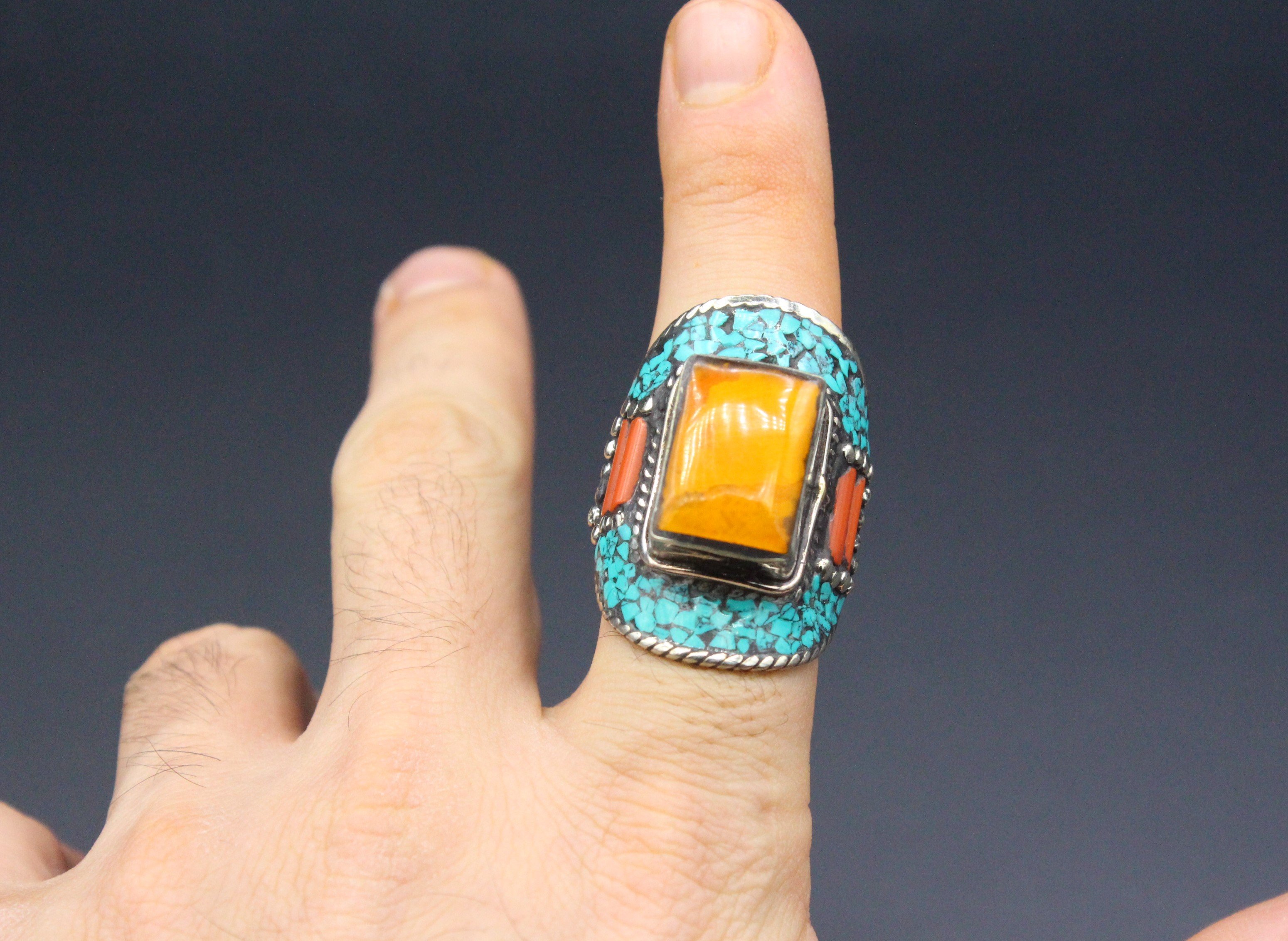 Nepalese Tibetan Vintage Ring, Turquoise & Coral Stones Long Ring, Boho Style Adorable Ring, Size 10US, Gemstones Ring, Long Boho Ring,