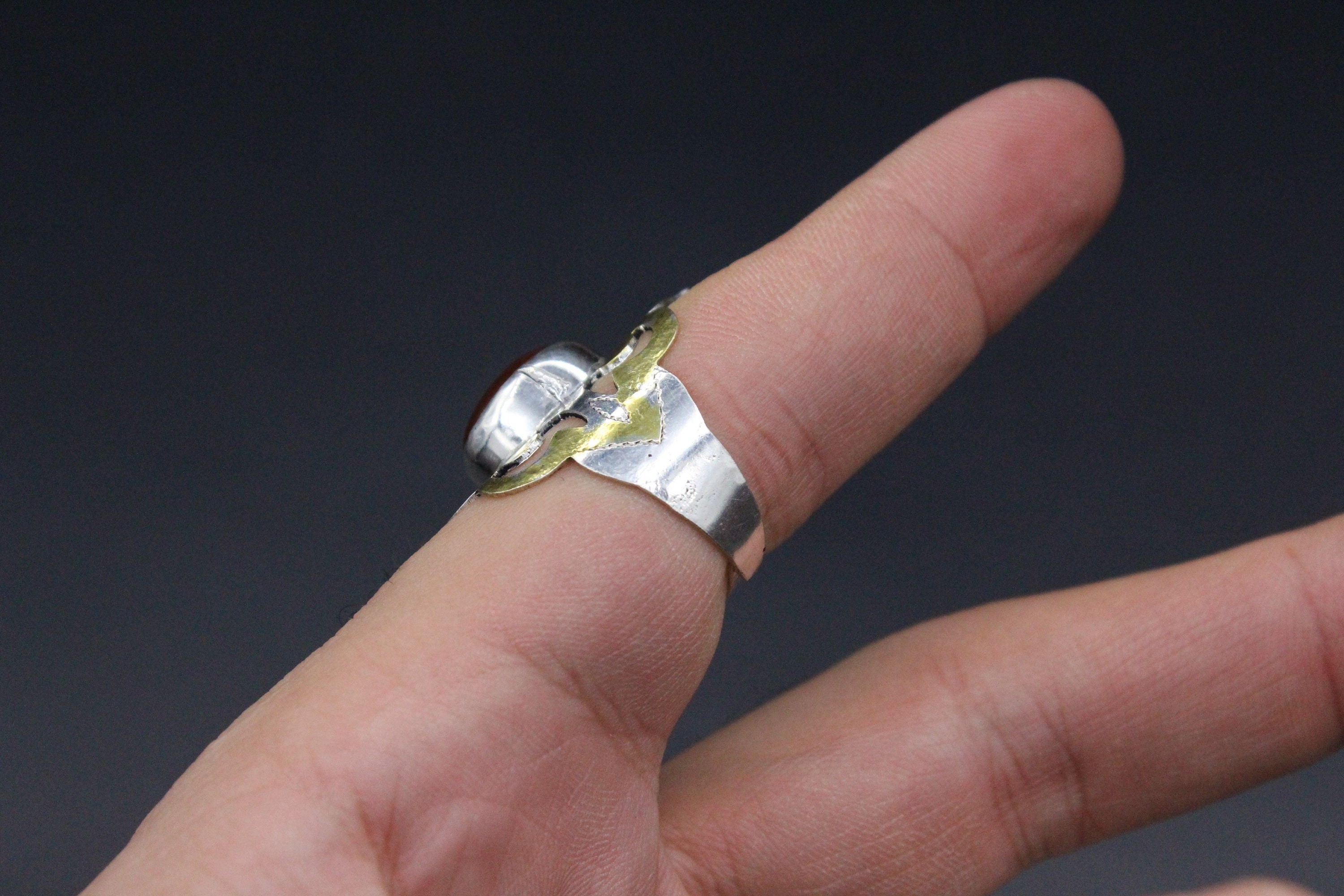 Turkmen Silver Partial Gold Wash Ring, Beautiful Carnelian Stone Adjustable Silver Ring, Carved Tribal Ring, Size 8.5US