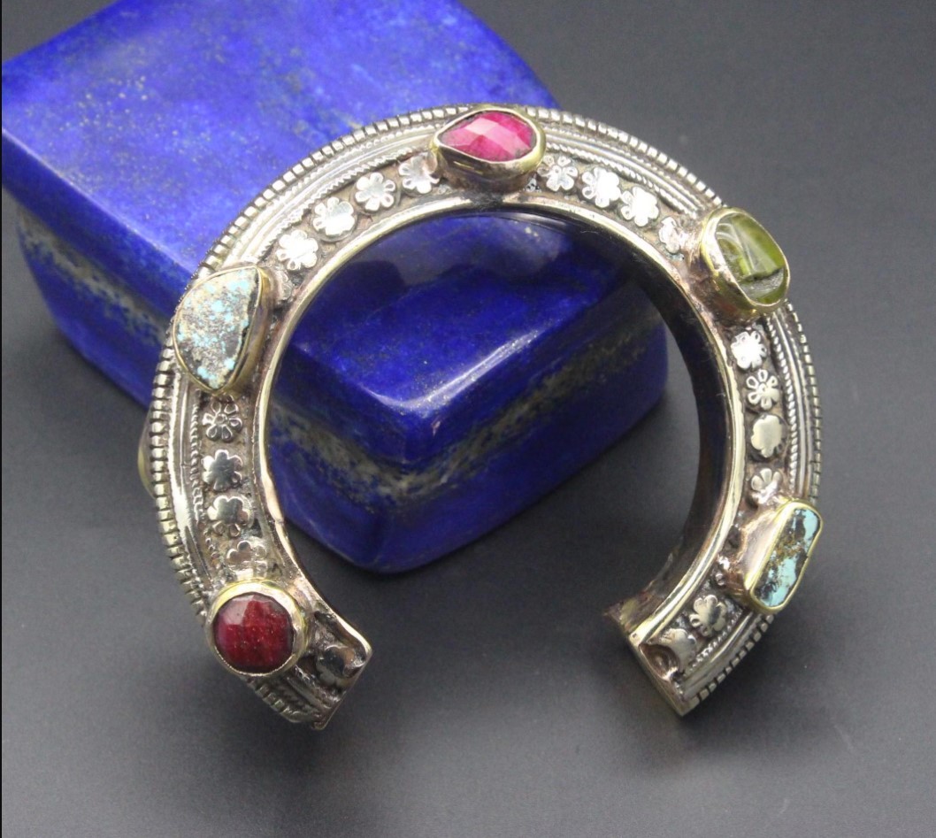 Vintage Afghan Alpaka Cuff Bracelet, Alpaka Tribal Bracelet, Belly Dance Cuff Bracelet, Nomadic Bracelet, Kuchi Gypsy Gemstones Bracelet,