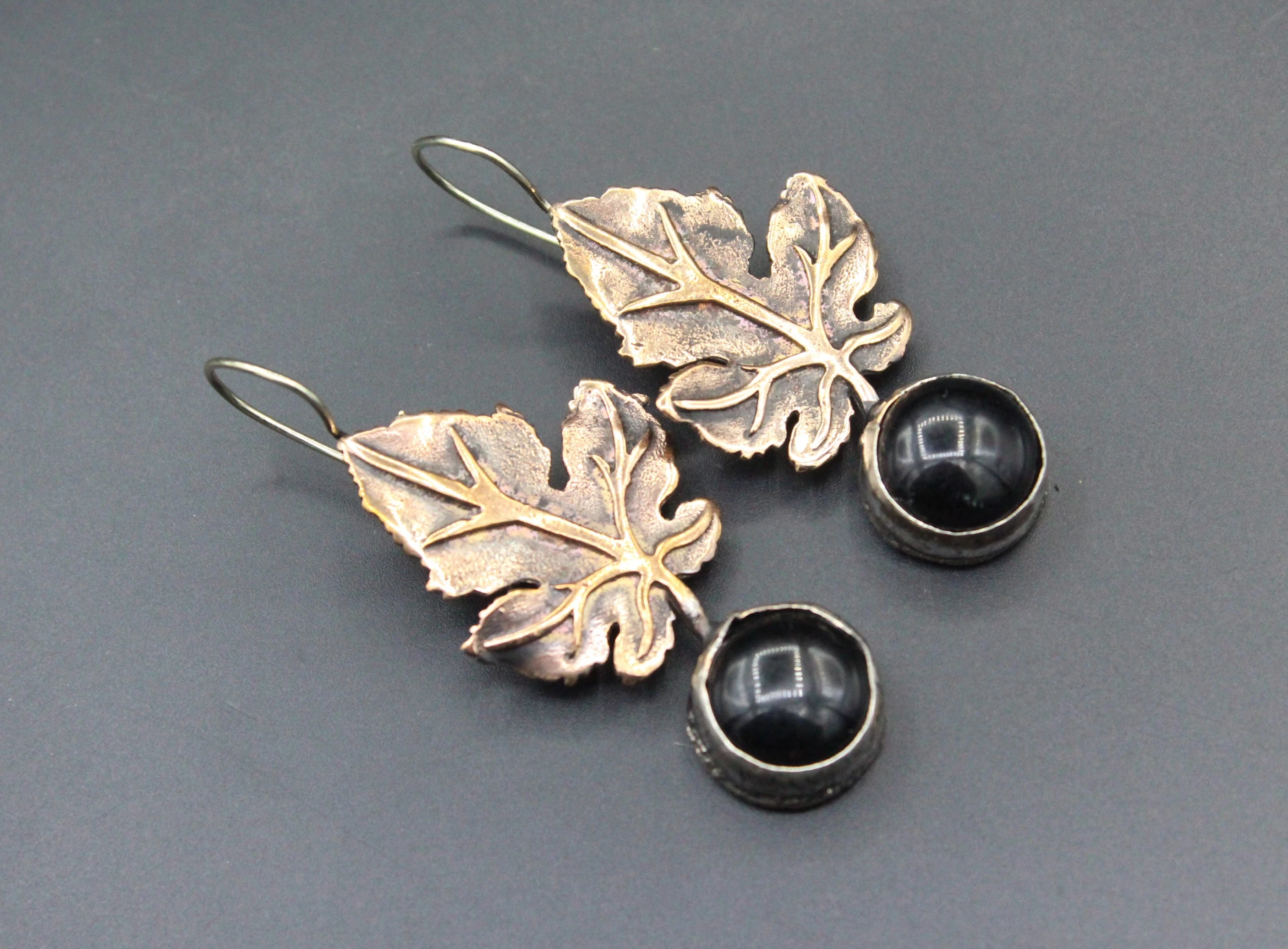 Bronze Küpe, Yaprak desenli Küpe, Onyx Taşlı Küpe, Boho Küpe, 