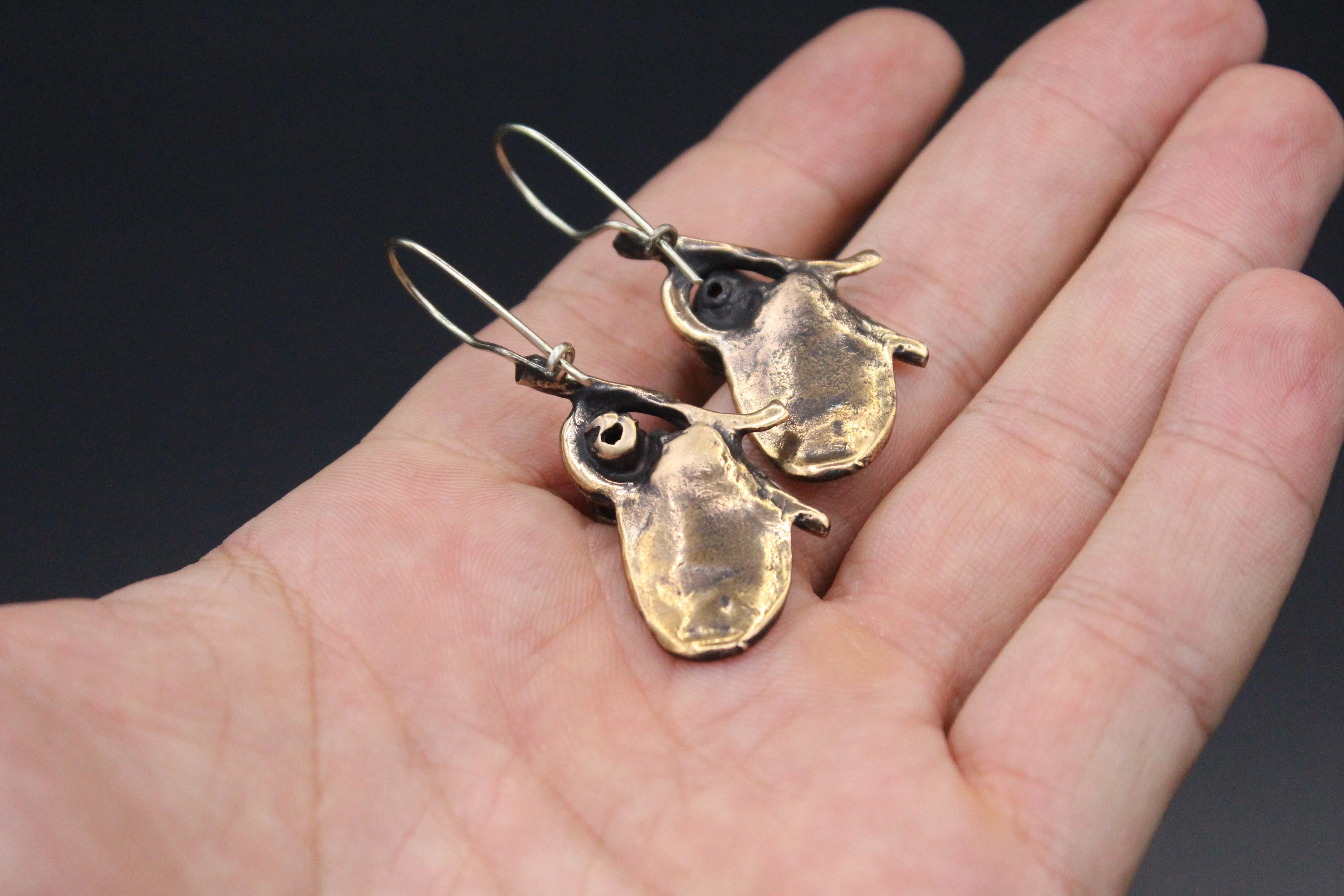 Bronze Küpe, Yaprak desenli Küpe, inci taşlı Küpe, Boho Küpe, 