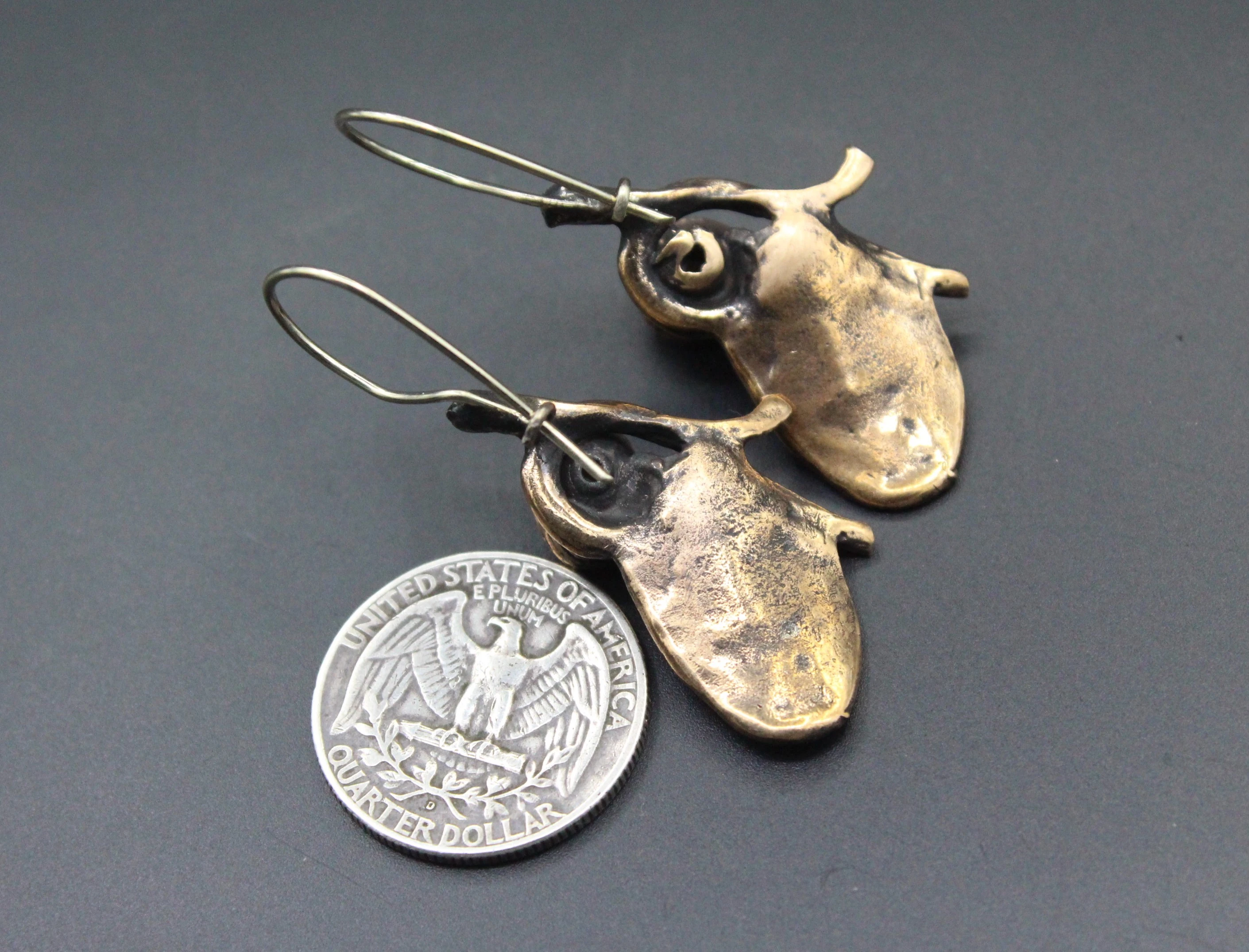 Bronze Küpe, Yaprak desenli Küpe, inci taşlı Küpe, Boho Küpe, 