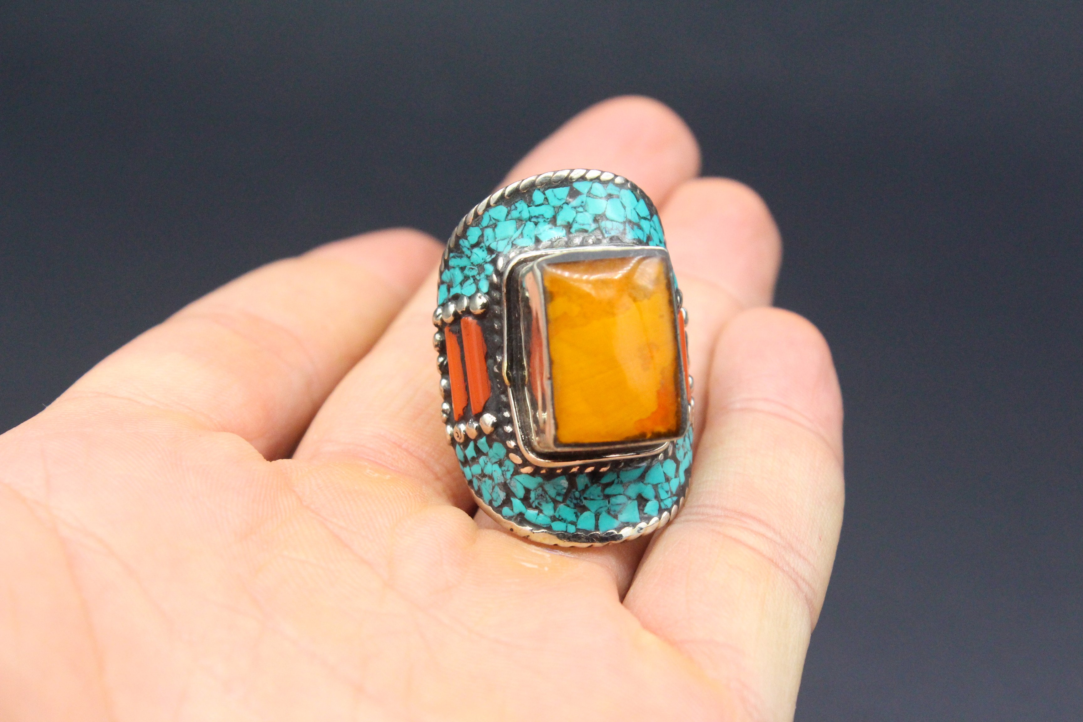 Nepalese Tibetan Vintage Ring, Turquoise & Coral Stones Long Ring, Boho Style Adorable Ring, Size 10US, Gemstones Ring, Long Boho Ring,