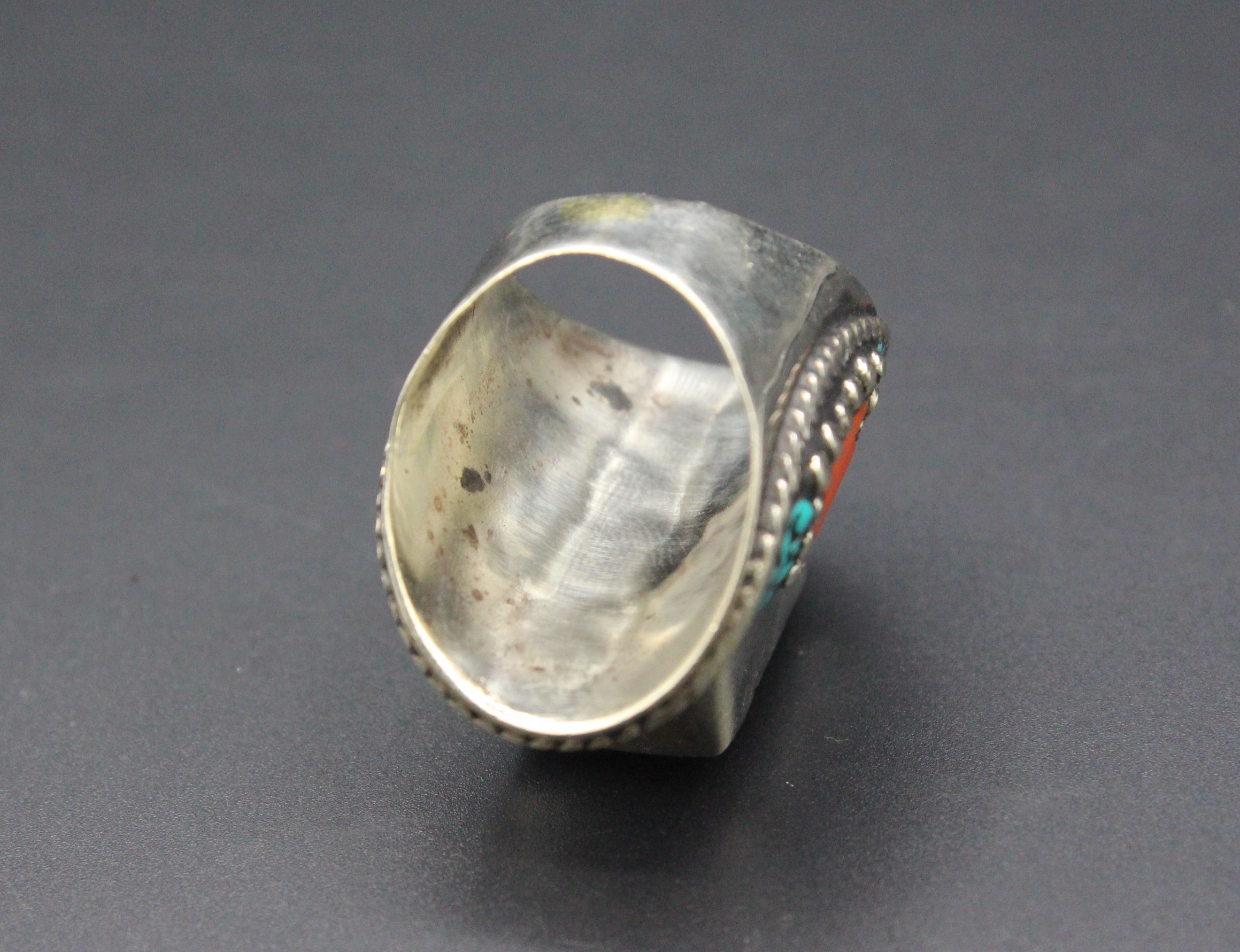 Nepalese Tibetan Vintage Ring, Turquoise & Coral Stones Long Ring, Boho Style Adorable Ring, Size 10US, Gemstones Ring, Long Boho Ring,
