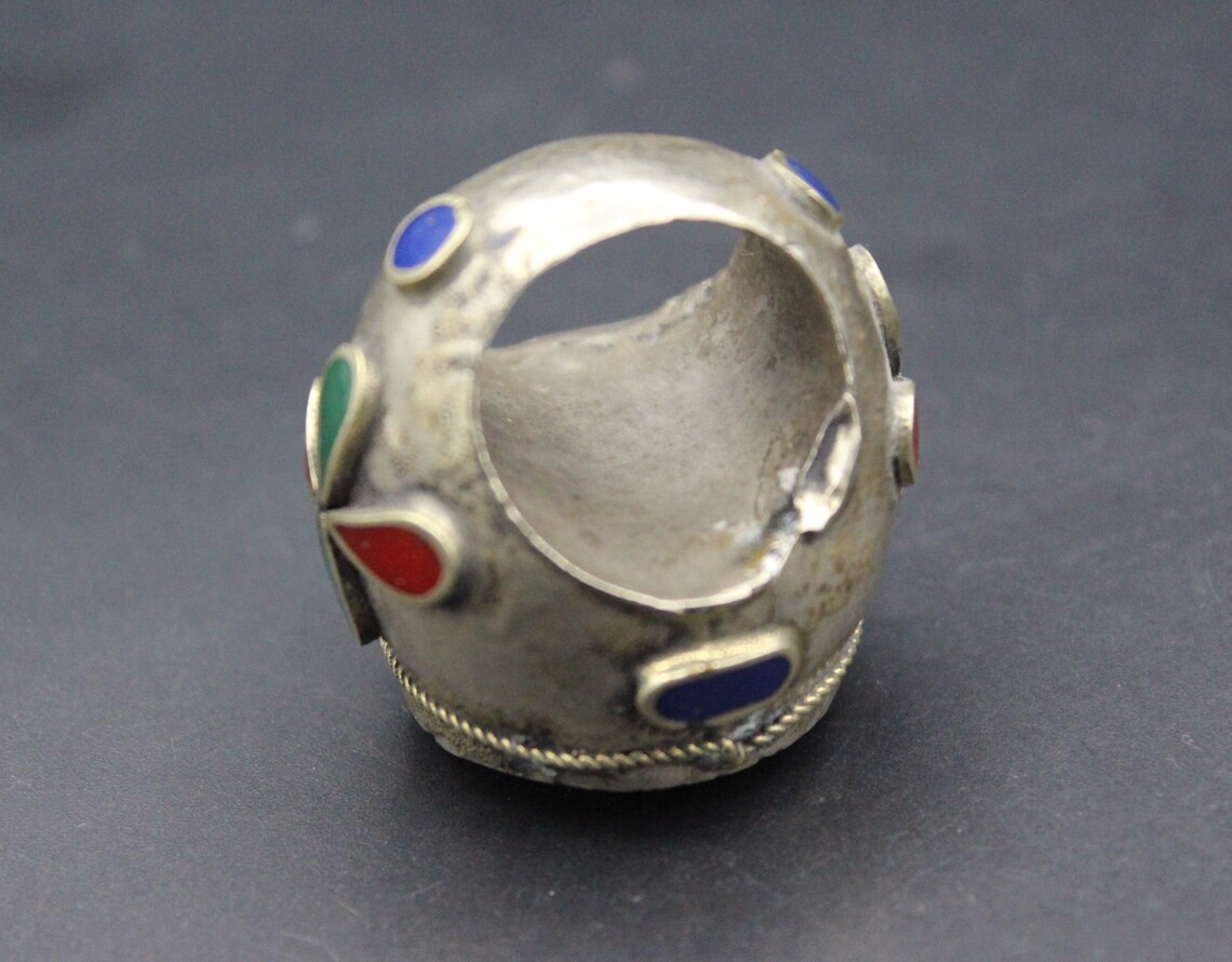 Vintage Afghan Alpaka Ring, Red Enamel Ring, Tribal Boho Ring, Kuchi Ring, Large Gypsy Ring, Size 9.25US, Afghan Jewelries