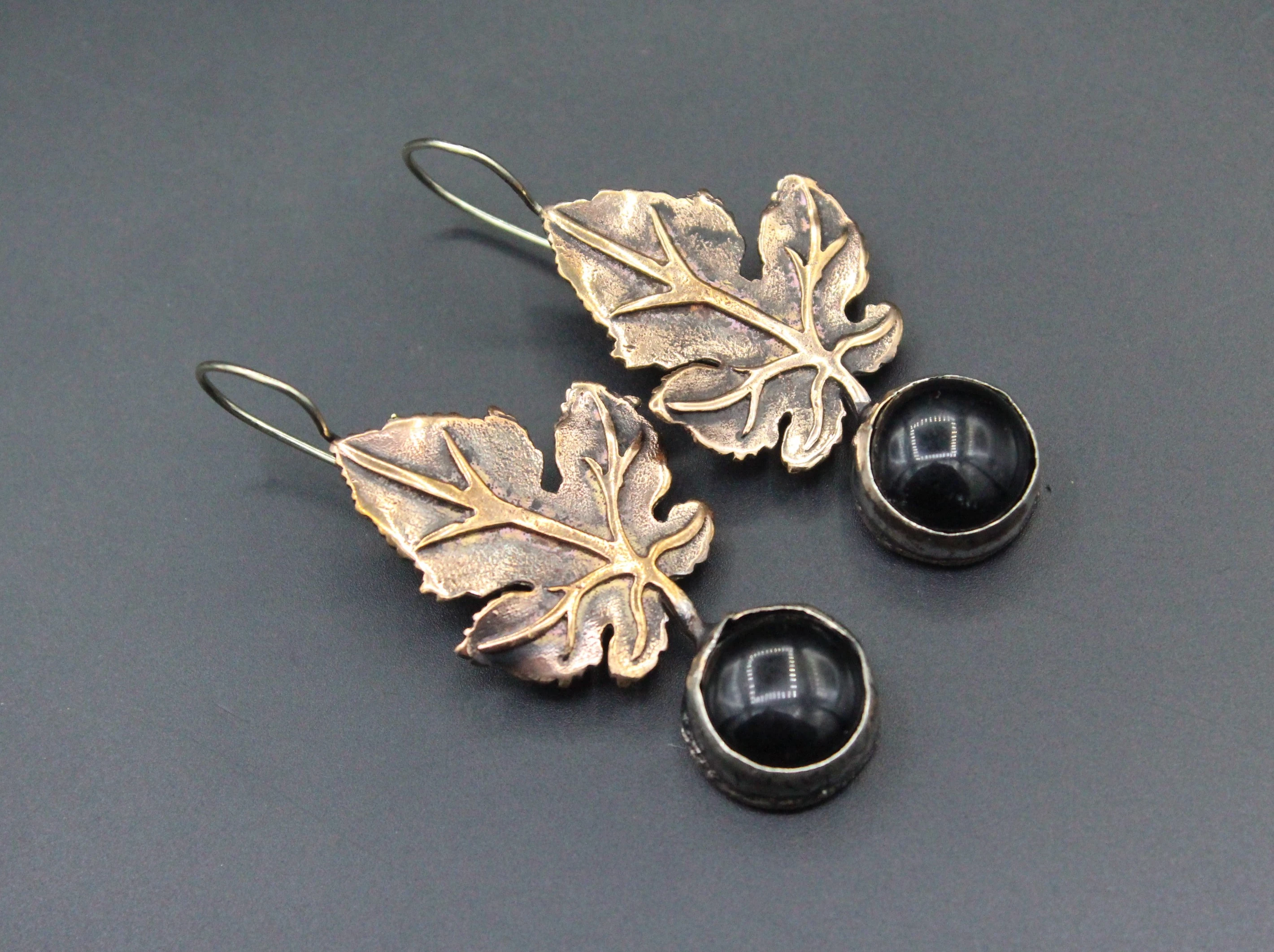 Bronze Küpe, Yaprak desenli Küpe, Onyx Taşlı Küpe, Boho Küpe, 