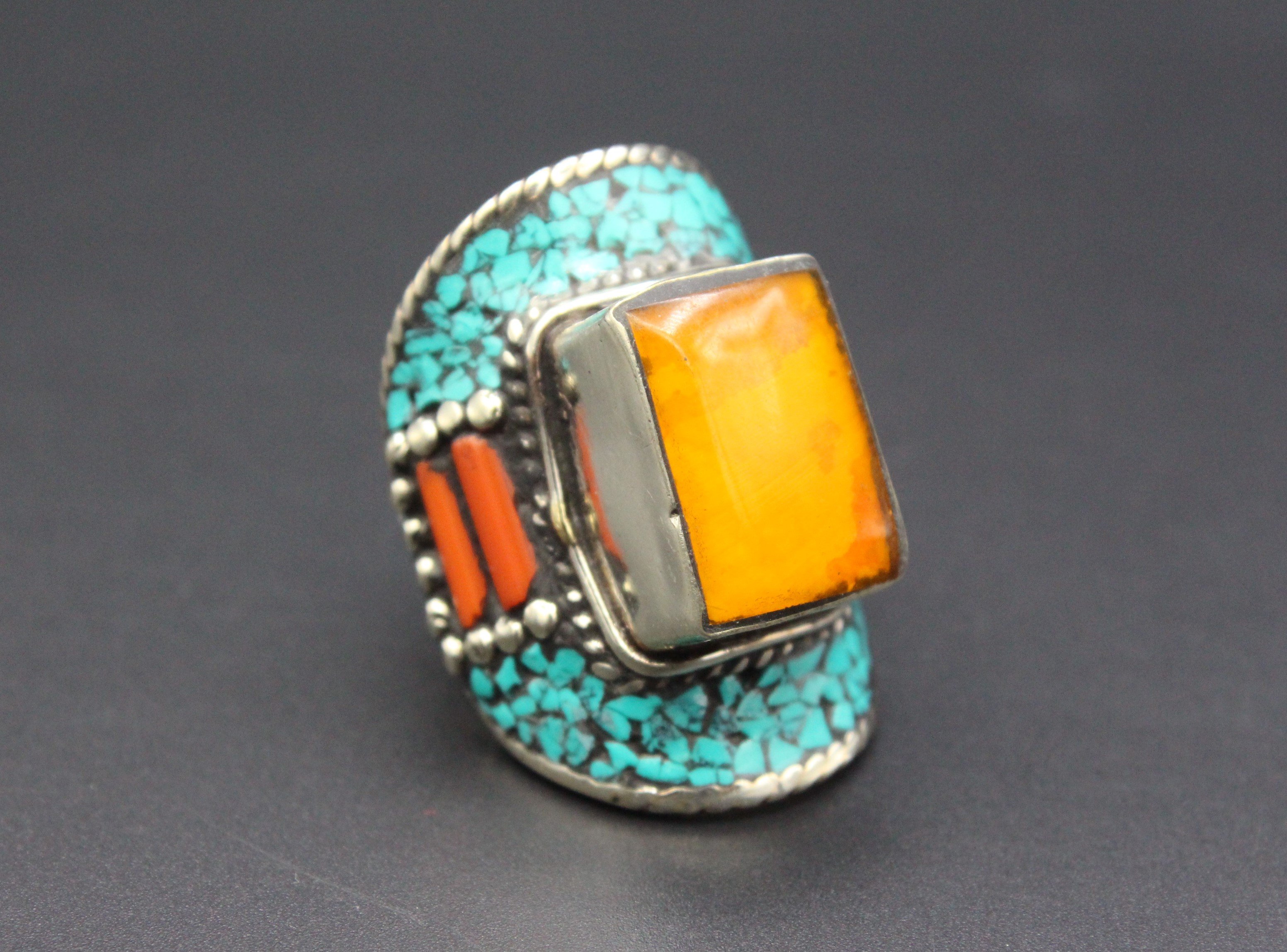 Nepalese Tibetan Vintage Ring, Turquoise & Coral Stones Long Ring, Boho Style Adorable Ring, Size 10US, Gemstones Ring, Long Boho Ring,