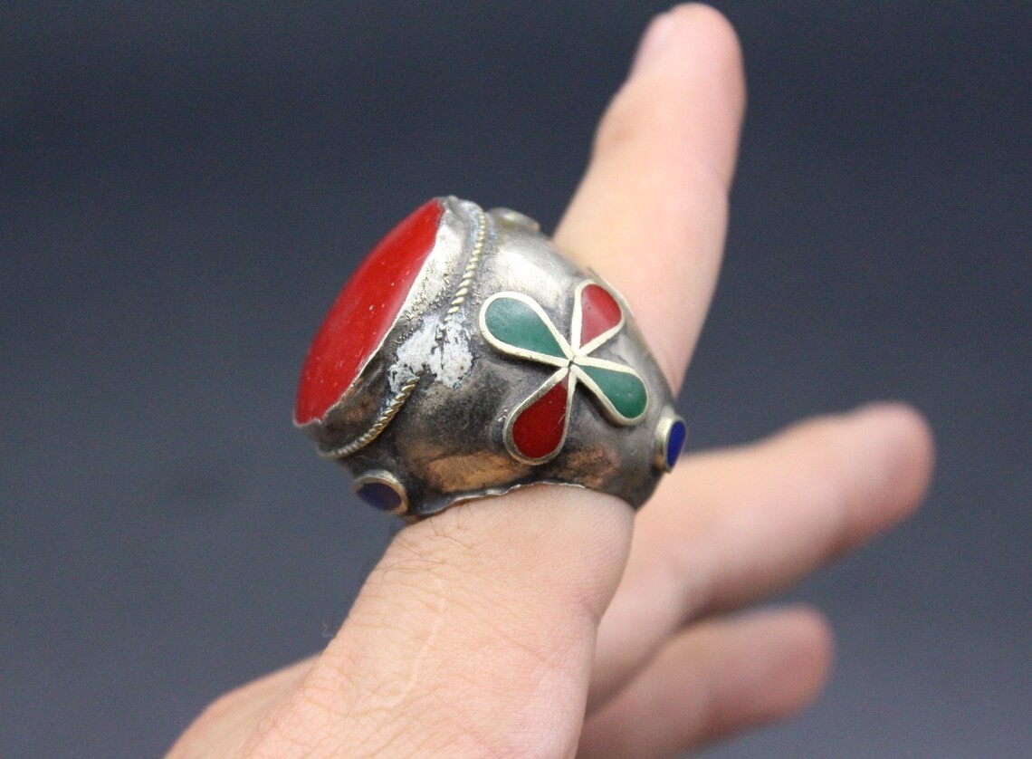 Vintage Afghan Alpaka Ring, Red Enamel Ring, Tribal Boho Ring, Kuchi Ring, Large Gypsy Ring, Size 9.25US, Afghan Jewelries